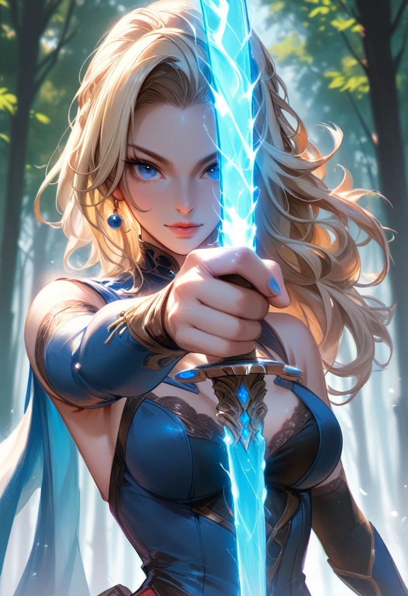 score_9, score_8_up, score_7_up, upscale 2x,(Cinematic fullbody shot of a beautiful woman with blonde hair and blue eyes, wearing a whtie bodysuite with blue glowing details, holding a blue glowing sword by then handle pointing it down, magical dark forest in background, hkstyle:1.2)
