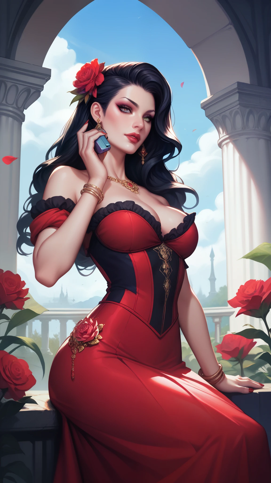 Persephone: The goddess of spring and queen of the underworld, with long, straight black hair. She wears a vibrant red dress that flows into a black billowing cloak. Persephone is in a dreamy pose, gazing at the sky, with one foot slightly raised. The background alternates between a flower-filled meadow and a dark underworld setting.