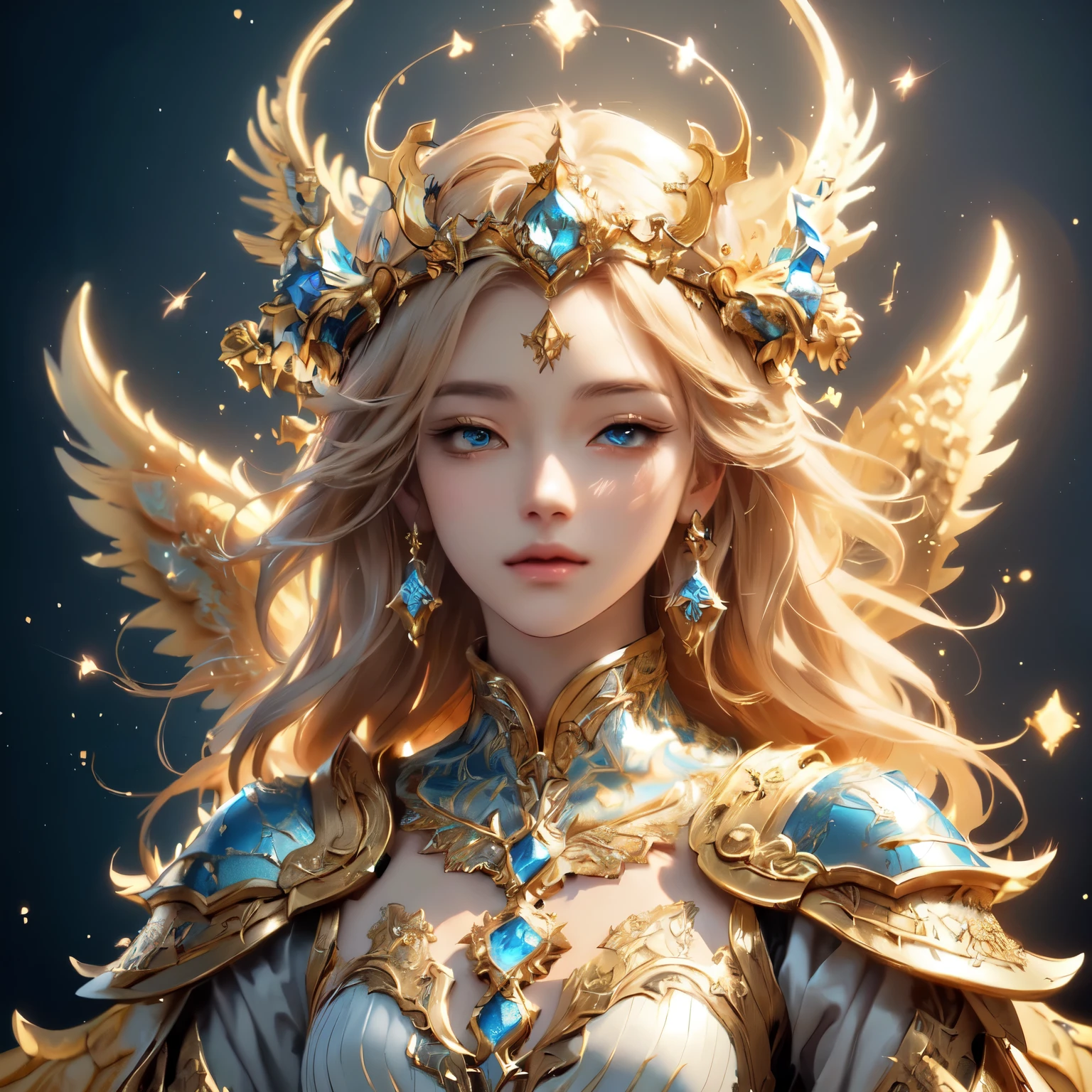 Ultra HD、Ultra-clear、Beautiful Face、Phoenix Warrior、Covered entirely in golden armor、Holy knight in golden armor、Golden Tiara、Golden armor with ornate carvings covering the entire body、Heavy golden armor、Crystal clear blue eyes、Silver Hair、Big Breasts、Outer space background、