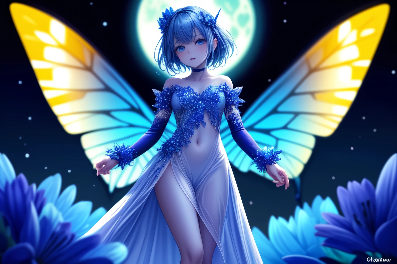 Delicate curvaceous sultry slutty fairy, kneeling with body sideview to camera in a tranquil atmosphere, her sky-blue messy pixie cut and matching sky-blue eyeshadow radiating an ethereal glow. Sapphire blue eyes sparkle with vulnerability as she gazes directly at the camera. Her massive breasts, tiny waist, and curvaceous thighs are accentuated by the sheer white and blue tiny nightgown, hemline of nightgown is very short. Glowing blue lipstick adds a mesmerizing touch to her round feminine face, pair of fairy wings on back. Soft focus and warm tones create a serene mood, emphasizing her natural beauty. Anime-style details bring forth an extreme level of realism, inviting the viewer into a dreamy world.