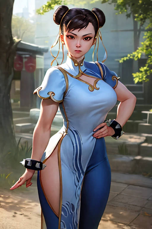 perfect eyes:1.2, detailed eyes:1.4, Chun Li, red eyeshadow:1.2, make up:1.2, white obi, qipao, nature, tree, brown eyes, short hair, brown hair, double bun, bun cover, blue dr.Ess, pelvic curtain, spiked bracelet, white sash, red pants, cowboy shot, white boots, 1 girl, alone, (Masterpiece:1.6, best quality), 8k, crazy detail, intricate detail, hyper detailed, hyper quality, high detail, ultra detailed, professional, HDR, ray traced reflection, cinematic lighting, full body