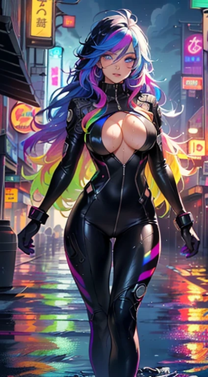 cute cartoon girl,(((1girl))),((extremely cute cartoon girl with liquid paint hair)),
(large breasts:1.4),(((very long hair,absurdly long hair,hair down to the waist,liquid paint hair:1.1,neon purple hair|neon pink hair|neon blue hair|neon aqua hair|purple hair|fuchsia hair|fluorescent blue hair|amethyst hair|neon hair|bright pink hair :1.5,bright hair: 1.3,hair made of paint and defies gravity,thick flowing,paint splatter:1.3,shiny hair: 1.3,vibrant colored hair))),((heterochromia:1.5, (purple_eye and pink_eye))),intricate eyes,beautiful detailed eyes,symmetrical eyes,((fat)),(((lustrous skin:1.5,bright skin: 1.5,skin tanned,shiny skin,very shiny skin,shiny body,plastic glitter skin,exaggerated shiny skin,illuminated skin,wet legs))),(spider lower abdomen,narrow waist,wide hip,athletic body,inflated legs,detailed body,(detailed face)),
cute,slutty,seductive,erotic,(nsfw)
(((liquid paint clothes,clothes made of liquid paint,body paint))),underboob,with liquid paint micro clothes,body paint,dripping paint,liquid pain tiny thong,bare legs,((wet liquid paint clothes,detailed outfit,detailed liquid paint clothes)),
(dynamic pose:1.0),solo focus,embarrassed,(centered,scale to fit dimensions,Rule of thirds),
cyberpunk city by the ocean at night, with bright neon signs and dark stormy clouds and puddles, scenery:1.25,
highres, sharp focus, (ultra detailed, extremely detailed), (photorealistic artwork:1.37),(extremely detailed CG unity 8k wallpaper),((synthwave background theme)),(((vibrant colors))),(intricate background),(masterpiece),(best quality),