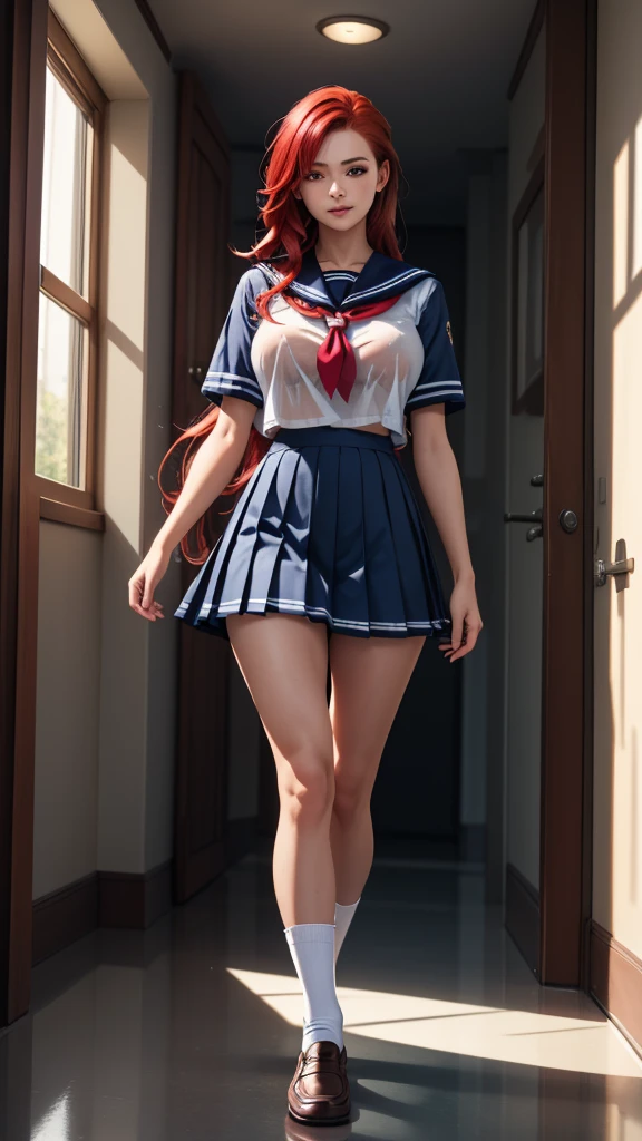 masterpiece, best quality, highres, best quality, highres, rias gremory, 1girl, long hair, school uniform, unbuttoned shirt, red hair, ahegao, blue eyes, large breasts, very long hair, breasts, skirt, huge ahoge, socks, nsfw