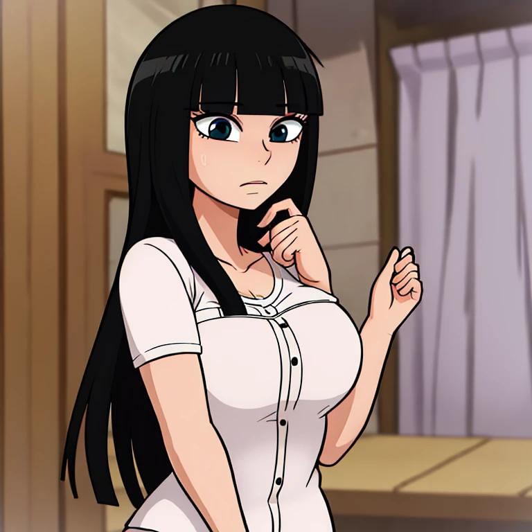 ((best quality)),((highly detailed)),masterpiece,absurdres,detailed face,beautiful face,((detailed eyes, deep eyes)),((dynamic pose)), sawako, 1femboy, girly, otokono ko, femboy, otokonoko, androgynous, transgender, femboy, black hair, solo, long hair, bangs, black eyes, blunt bangs, hime cut, white t-shirt, blood, sexy femboy, upper body, profile picture, 