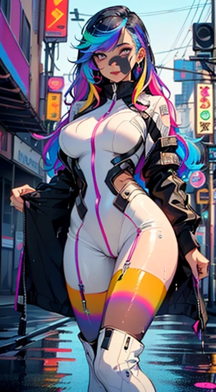 cyberpunk girl,(((1girl))),((cute and beautiful rainbow haired girl)),

(large breasts:1.4),saggy breasts,mane,((multicolored_hair:1.3)), ((rainbow hair:1.3)),((hair bangs:1.3)),((hair with the seven colors of the rainbow:1.3)),((straight hair:1.3)),((very straight hair,very_long hair:1.5)),((The beauty of extra-long hair)),((Super Long Straight Hair)),((bangs)),(((neon rainbow eyes:1.3))),intricate eyes,beautiful detailed eyes,symmetrical eyes,((fat)),(((lustrous skin:1.5,bright skin: 1.5,skin tanned,shiny skin,very shiny skin,shiny body,plastic glitter skin,exaggerated shiny skin,illuminated skin,wet legs))),(spider lower abdomen,narrow waist,wide hip,athletic body,inflated legs,detailed body,(detailed face)),

cute,slutty,erotic,((nsfw)),

white pilot suit,white cyber suit,absurdres,Long legs,cleavage,(((wet clothes,intricate outfit,intricate clothes))),

(hypnotized pose:1.0),hypnotized,(centered,scale to fit dimensions,Rule of thirds),

cyberpunk city by the ocean at night, with bright neon signs and dark stormy clouds and puddles, scenery:1.25,

artistic photography,(photography taken by sldr),highres, sharp focus, (ultra detailed, extremely detailed), (photorealistic artwork:1.37),(extremely detailed CG unity 8k wallpaper),((synthwave background theme)),(((vibrant colors))),(intricate background),(masterpiece),(best quality),