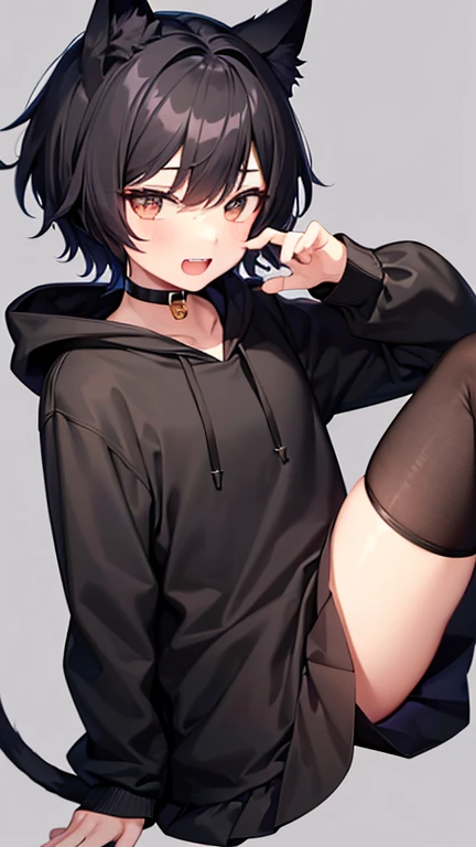 Cute girl, dark green hair, yellow eyes, short hair, cat ears, cat tail, cat collar, sexy ,beautiful eyes,Combat stance,cat,meow, full body,Draw hands better, Green hoodie, dark green hair, beautiful smile, Green hair, draw the hand well, Lifting her ass, Tongue outside the mouth, million, banana,, cat, bad girl,, tiger, Want someone to ride she,going to school, iron chain, Fire sword