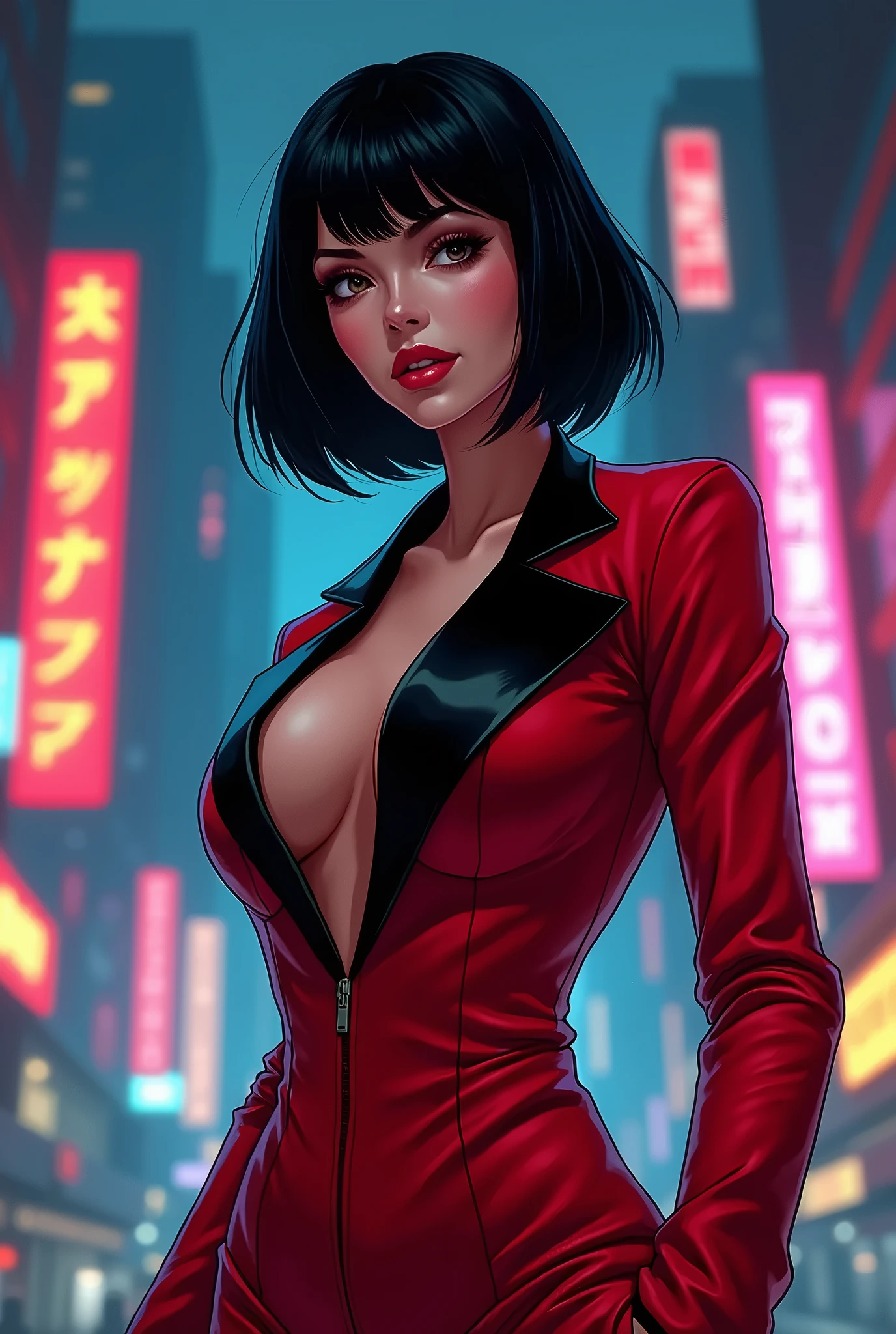 a woman in a red outfit and a hat standing in a street, extremely detailed artgerm, digital cyberpunk anime art, alena aenami and artgerm, anime cyberpunk art, cyberpunk anime girl, ig model | artgerm, seductive anime girl, digital cyberpunk - anime art, character from king of fighters, female cyberpunk anime girl, anime style 4 k