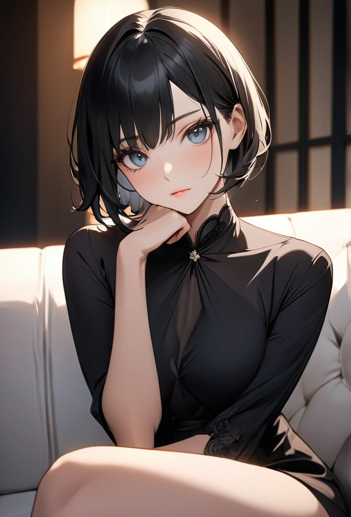 absurdres, RAW photo, extremely delicate and beautiful, masterpiece, Best Quality, ultra high resolution, 32k, hyperrealistic, ultra-detailed, perfect anatomy, anatomically correct, perfect figure, super Detailed skin, 20 years old, very Slim body, narrow waist, very small head, very small face, delicate  features, detailed face, detailed eyes, tearful mole, earring, thin legs, bare legs, very huge round breastt medium hair, ((wavy hair)), wet clothes, embroidered cheongsam,