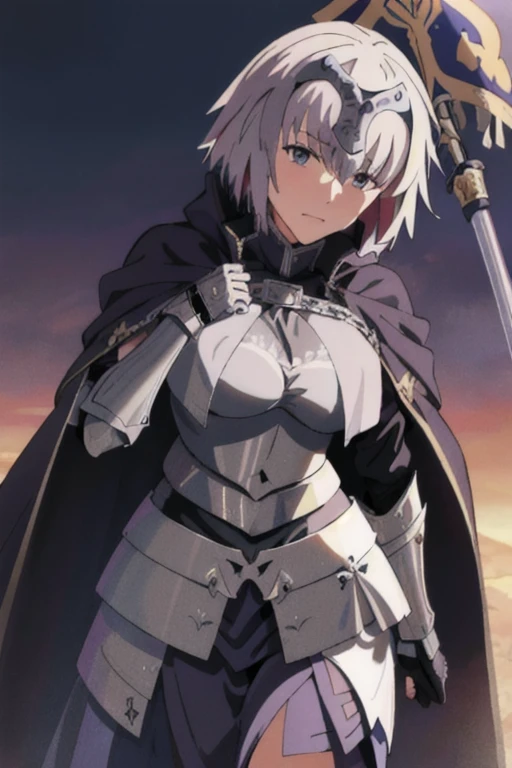 masterpiece, best quality, 1girl, jeanne d'arc (fate), jeanne d'arc (ruler) (fate), armor, armored dress, cape, cloak