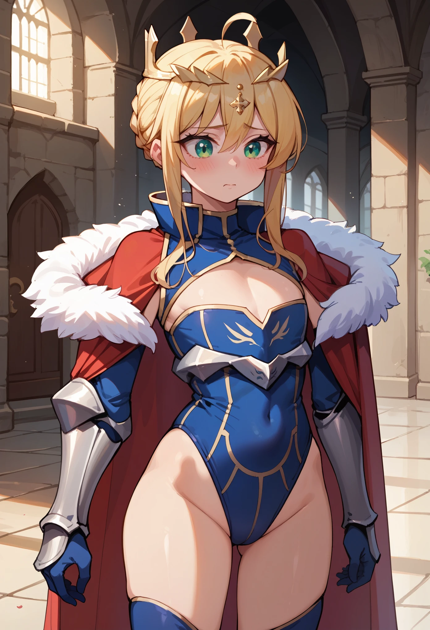 score_9, score_8_up, score_7_up, 1girl, solo, (****), (small body), artoLance, swept bangs, ahoge, blonde hair, green eyes, french braid, short hair, flat chest, crown, blue leotard, oversized leotard, sleeveless, cleavage cutout, elbow gloves, oversized gloves, blue gloves, blue thighhighsred cape, oversized cape, fur trim, red cape, long cape, gauntlets, oversized gauntlets, armor, underbust, standing, nervous, cowboy shot, looking down, looking herself, medieval castle, inside a castle, AgeRegression, Oversized Clothes