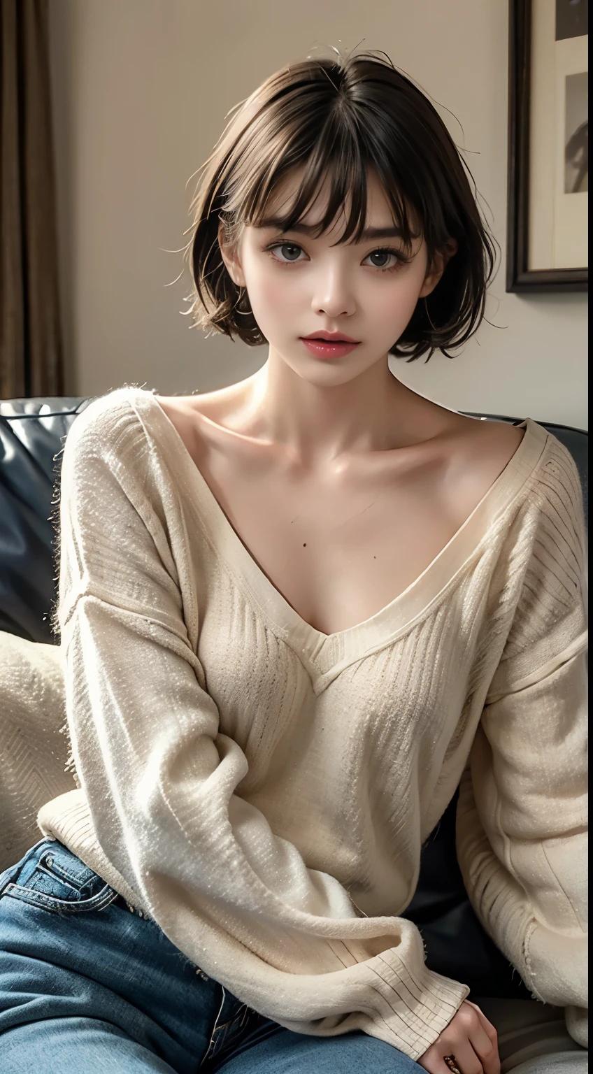 Best Quality, 8k, 32k, Masterpiece,Attractive Japan Woman Pictures, One Girl, (full body : 1.0), Abs, Perfect Body, (oversized tunic sweater : 1.1), (boots:1.1), Ultra Detailed Face, Detailed Lips, Fine Eyes, Double Eyelids,short hair,Disheveled Hair,erotic pose, bedroom,