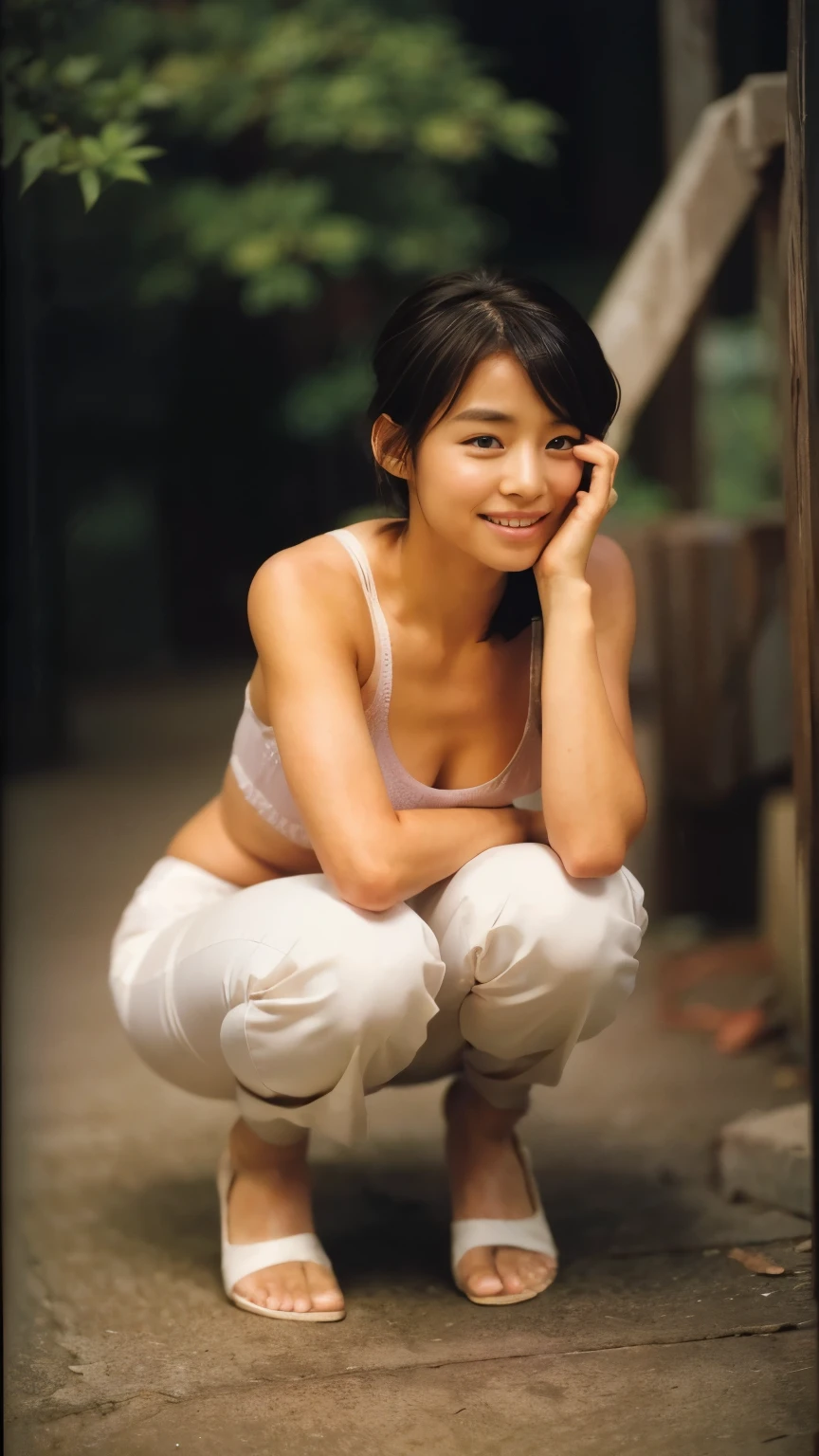 One Asian Woman, Random hairstyles for short hair and updos,18 ～ Random age up to 25, Great face and eyes, Looking at the camera, A shy smile、Showing teeth、Do squats、Spread your knees、Show me your armpits、Realistic bra and panties、The shape of the nipples is visible、Clevis、(Best Quality:1.4), Very detailedなCG合成 8k 壁紙, Very detailed, High-quality RAW color photos, Professional photography, Realistic full body shot, Sexy、Random Location