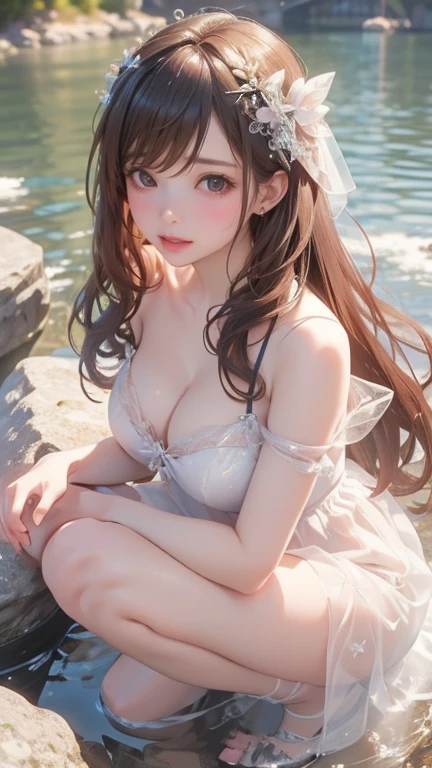 detailed face, cute face,brown eye, ((highest quality)), ((masterpiece)), ((1 girl)), alone, ferry, ((long hair)), ferryBase, ((Thighhighs)), bare shoulders, ((jewelry)), ((No sleeve)), white dress, blue skirt, ((gloves)), thigh height,