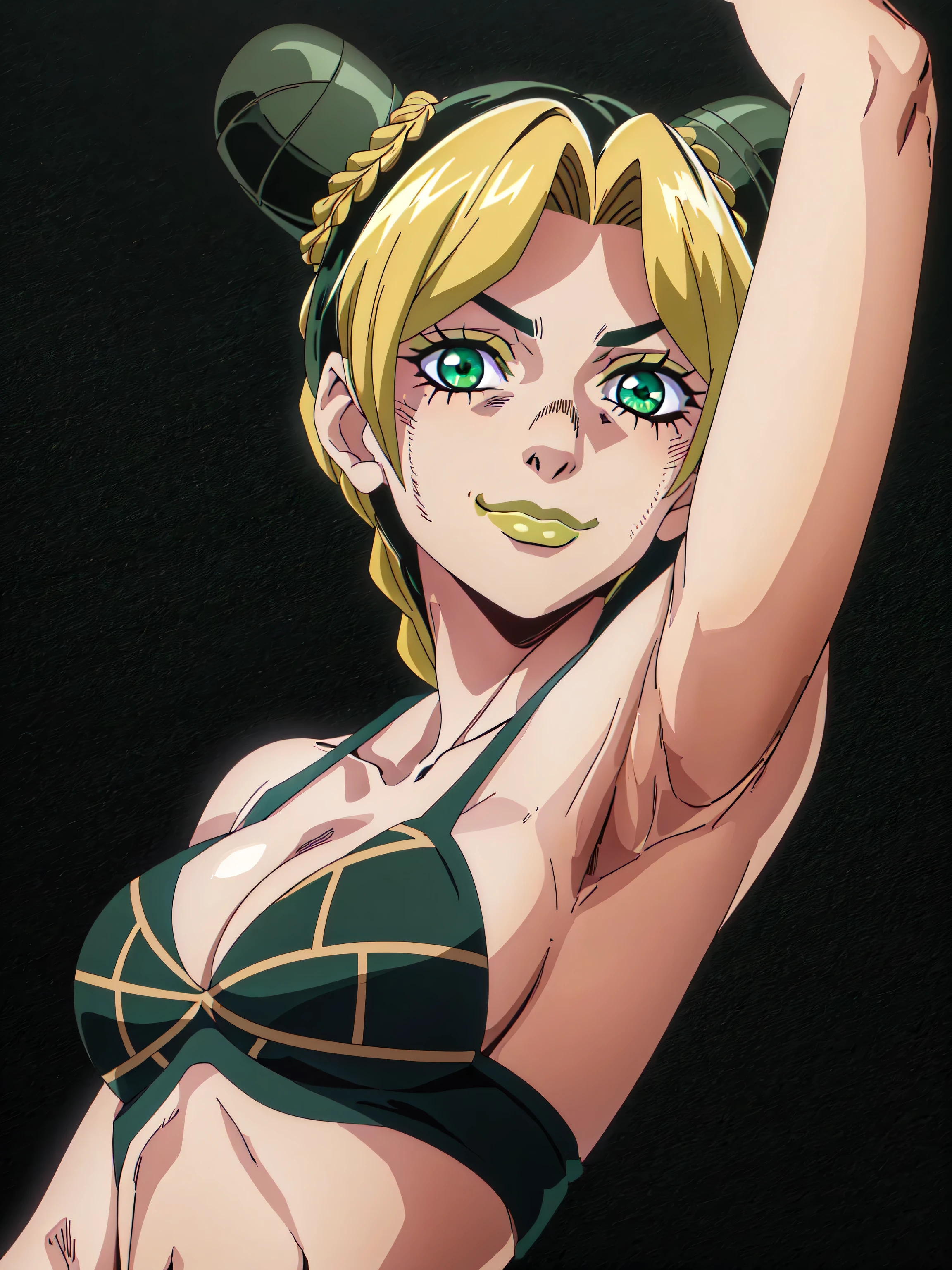 1girl, solo, green eyes, Jolyne_Anime, bikini, green bikini, cleavage, collarbone, anime screencap, frontlighting, (simple background, black background, dark background:1.3), masterpiece, absurdres, hdr, soft light, best quality, detailed, highres, shiny skin, shiny hair, (looking at viewer, eye contact with viewer:1.5), smile, smug, (closed mouth:1.2), arm behind head, armpit, (from side, from below:1.5), elbow