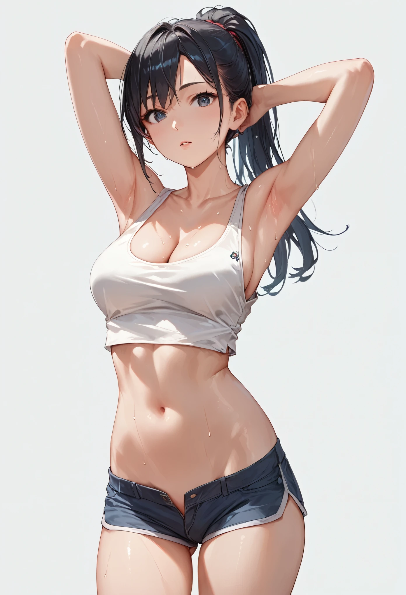 score_9, score_8_up, score_7_up,source_anime, high res image,masterpiece,best quality,girl,cute face,clear skin,simple_background,black hair,ponytail,tanktop,cleavage,sweat,armpit,pussy