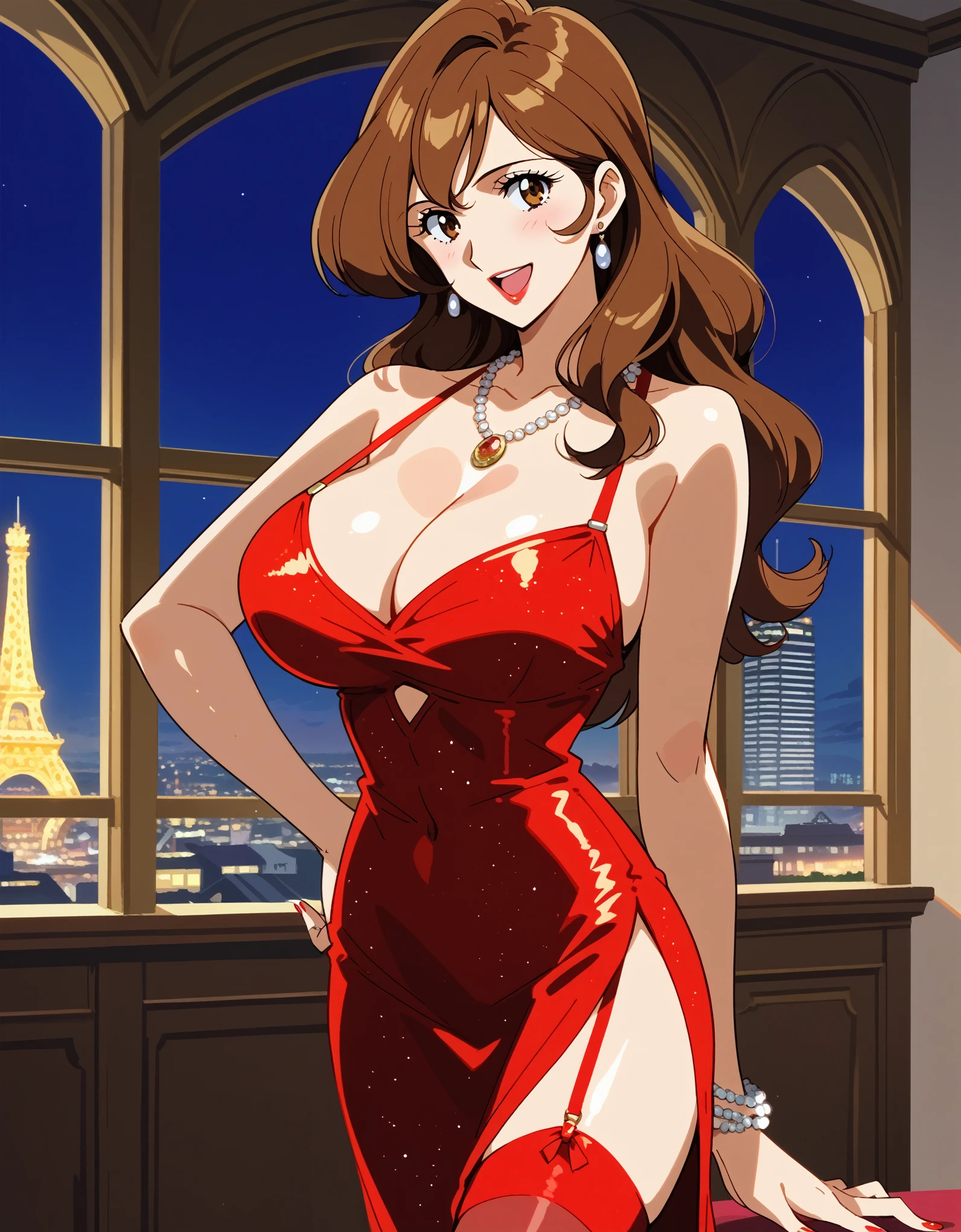 score_9, score_8_up, score_7_up, masterpiece, best quality, very aesthetic, absurdres, source_anime, anime screencap, 1990s \(style\), BREAK 1girl, solo, mature female, Fujiko, brown hair, long hair, brown eyes, huge breasts, red gorgeous evening gown, side slit, red garter belt, red thigh highs, shiny clothing, necklace, jewelry, (sexy pose:1.2), BREAK smile, open mouth, indoors, luxury room, window, cityscape,