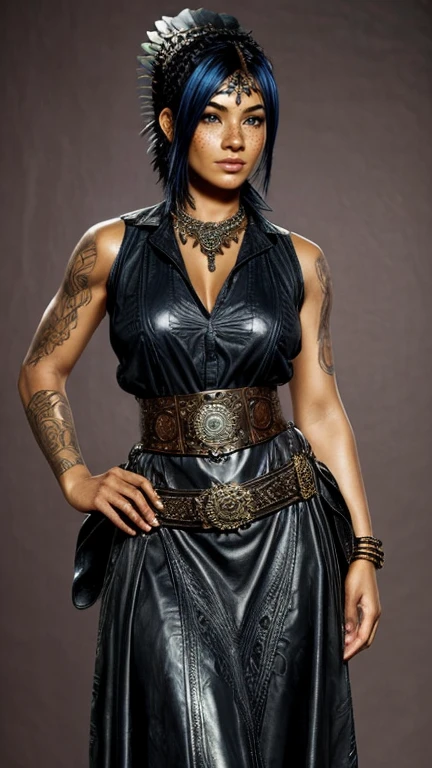 Ultra high resolution photography of a South American Native Indian multiracial thirty-five year old woman, the woman's clothing is a mix of space cowboy style and South American Native style, the woman's hairstyle is a shieldmaid mohawk and the sides of the head are tattooed, hair color colored, woman's pose is riding a Cerberus hellhound, face depicted realistically in ultra detail, body stature is tall with long legs and sensual curves and medium-sized breasts, mood of the photography is dark, Clothing top is a sleeveless cowboy shirt with a wide waist belt, legwear is a maxi leather skirt with etched Indian patterns and leather women's boots, Woman in her pose close to the camera