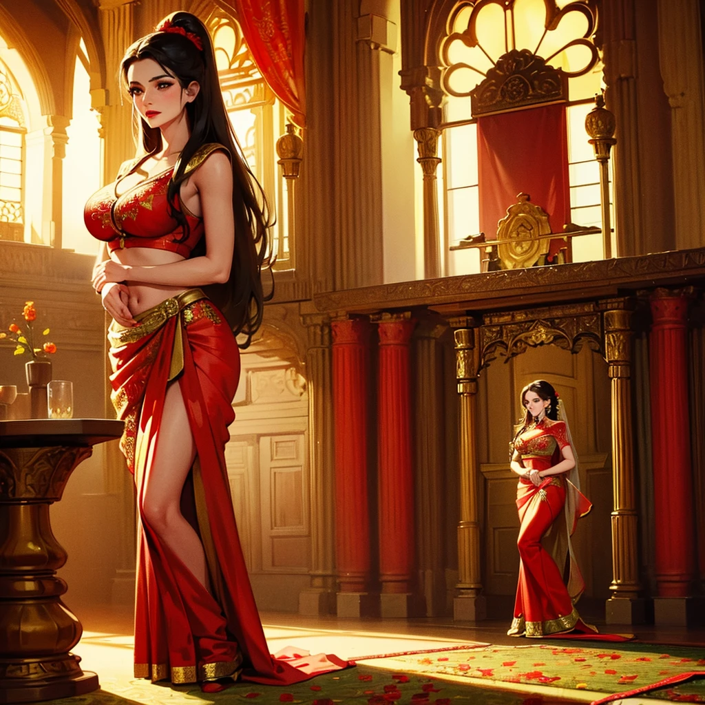 Mature Indian Woman、Female sexy、Saggy、Traditional Indian costume in maroon, gold chains, hip chain, 8k , cinematic, Ultra HD, standing, full body