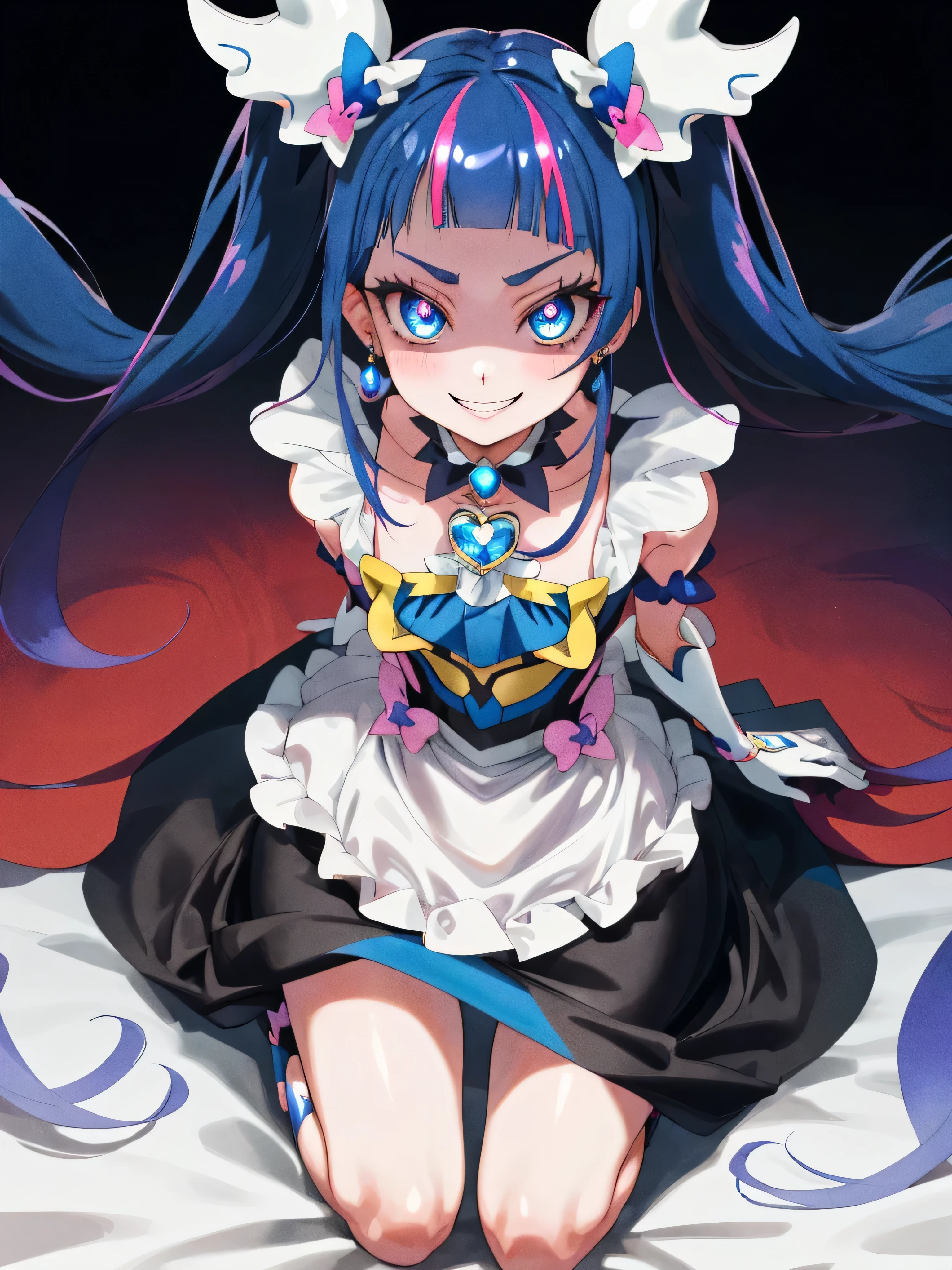 Best Quality, Very detailed,One Girl, alone, {cure_null_hirogarunullprecure:1.15}, Dark blue hair, blue eyes, Blue flames in the eyes, Long Hair, Twin tails, Magical Girl, bangs, Open your mouth, Redhead, multicoloRedhead, One Girl, blunt bangs, Darken your clothes, Hair accessories, Wicked Smile, devilish aura (Shiny fabric:1.5), Full Body Shot, Purple Gemstone, Attractive, blush, (Beautiful attention to detail:1.6), Very detailed顔, Perfect lighting, Extremely detailed CG, (Perfect hands, Perfect Anatomy), devil, black color scheme, Shiny material, Grin, Black ribbon, black satin gloves, Evil clover leaf ornament, Black frills, jewelry, corruption, Latex Gloss, Black Gothic Cape, Wicked Smile,(A spooky world)))), (((Horror World))) ,((masterpiece)), ((Best Quality)), ((Very detailed)), (figure), ((Very delicate and beautiful)), , cloudy null, CG Style, One-sided black wing,Dark shadowed face,Sadistic smile,Malice,Contempt,smile,black,Perfect hands,Perfect body,shiny latex Elbow full gloves,Perfect face,Black Miasma、Perfect legs,