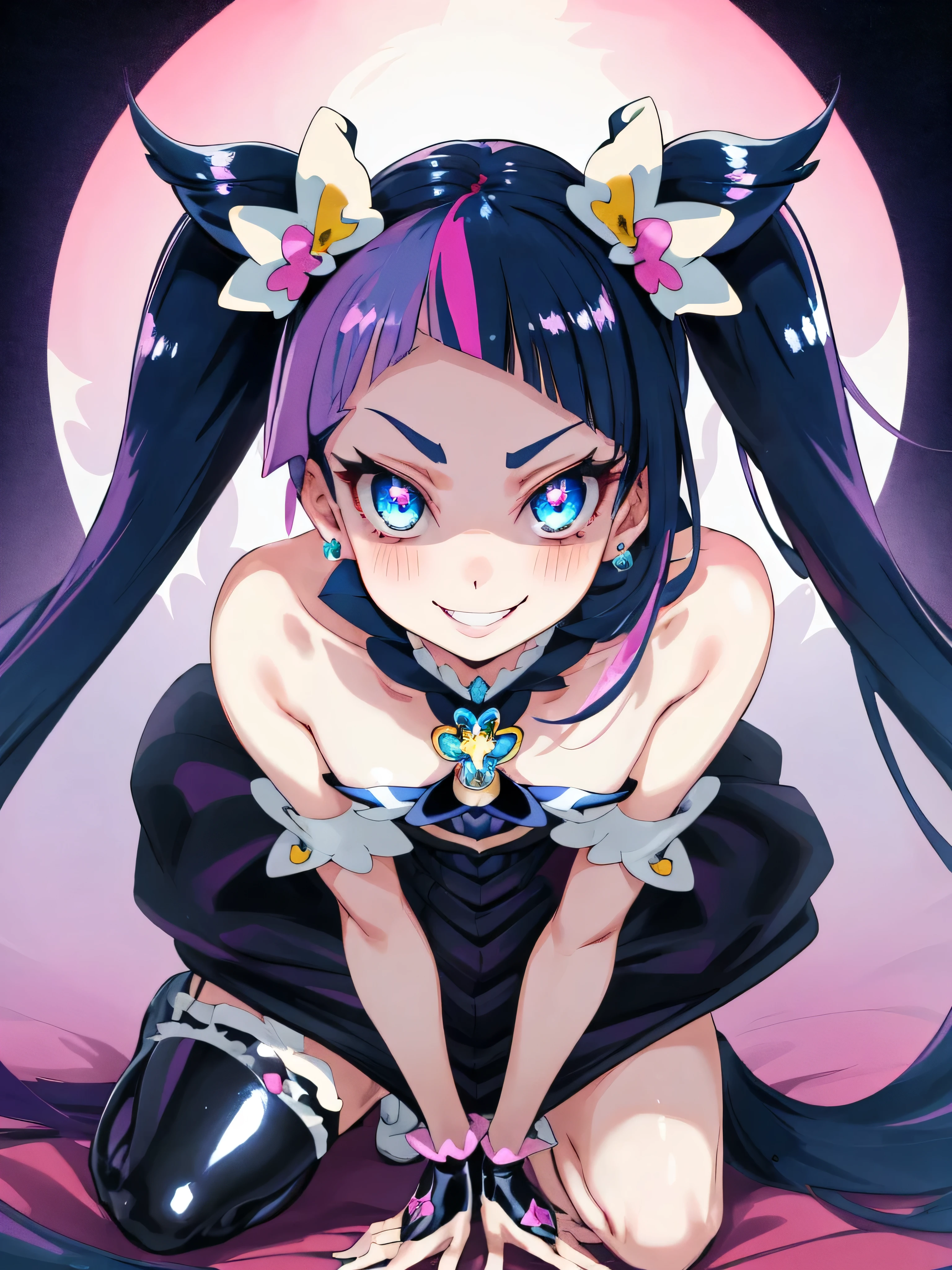 Best Quality, Very detailed,One Girl, alone, {cure_null_hirogarunullprecure:1.15}, Dark blue hair, blue eyes, Blue flames in the eyes, Long Hair, Twin tails, Magical Girl, bangs, Open your mouth, Redhead, multicoloRedhead, One Girl, blunt bangs, Darken your clothes, Hair accessories, Wicked Smile, devilish aura (Shiny fabric:1.5), Full Body Shot, Purple Gemstone, Attractive, blush, (Beautiful attention to detail:1.6), Very detailed顔, Perfect lighting, Extremely detailed CG, (Perfect hands, Perfect Anatomy), devil, black color scheme, Shiny material, Grin, Black ribbon, black satin gloves, Evil clover leaf ornament, Black frills, jewelry, corruption, Latex Gloss, Black Gothic Cape, Wicked Smile,(A spooky world)))), (((Horror World))) ,((masterpiece)), ((Best Quality)), ((Very detailed)), (figure), ((Very delicate and beautiful)), , cloudy null, CG Style, One-sided black wing,Dark shadowed face,Sadistic smile,Malice,Contempt,smile,black,Perfect hands,Perfect body,shiny latex Elbow full gloves,Perfect face,Black Miasma、Perfect legs,