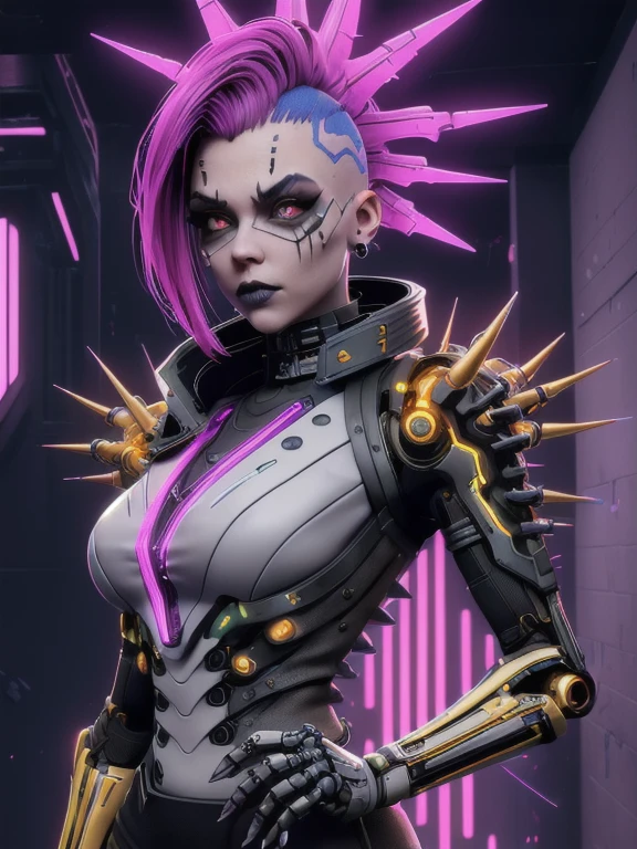 A closeup of a woman with a skull face and purple hair, dark cyberpunk illustration, esqueleto cyberpunk, estilo de arte cyberpunk, arte de fantasia sombria cyberpunk, arte digital do anime cyberpunk, Artgerm Julie Bell Beeple, estilo cyberpunk horror, menina necromante ciborgue santa, estilo de arte cyberpunk, epic digital art illustration, cyberpunk digital - arte de anime, arte do personagem cyberpunk
