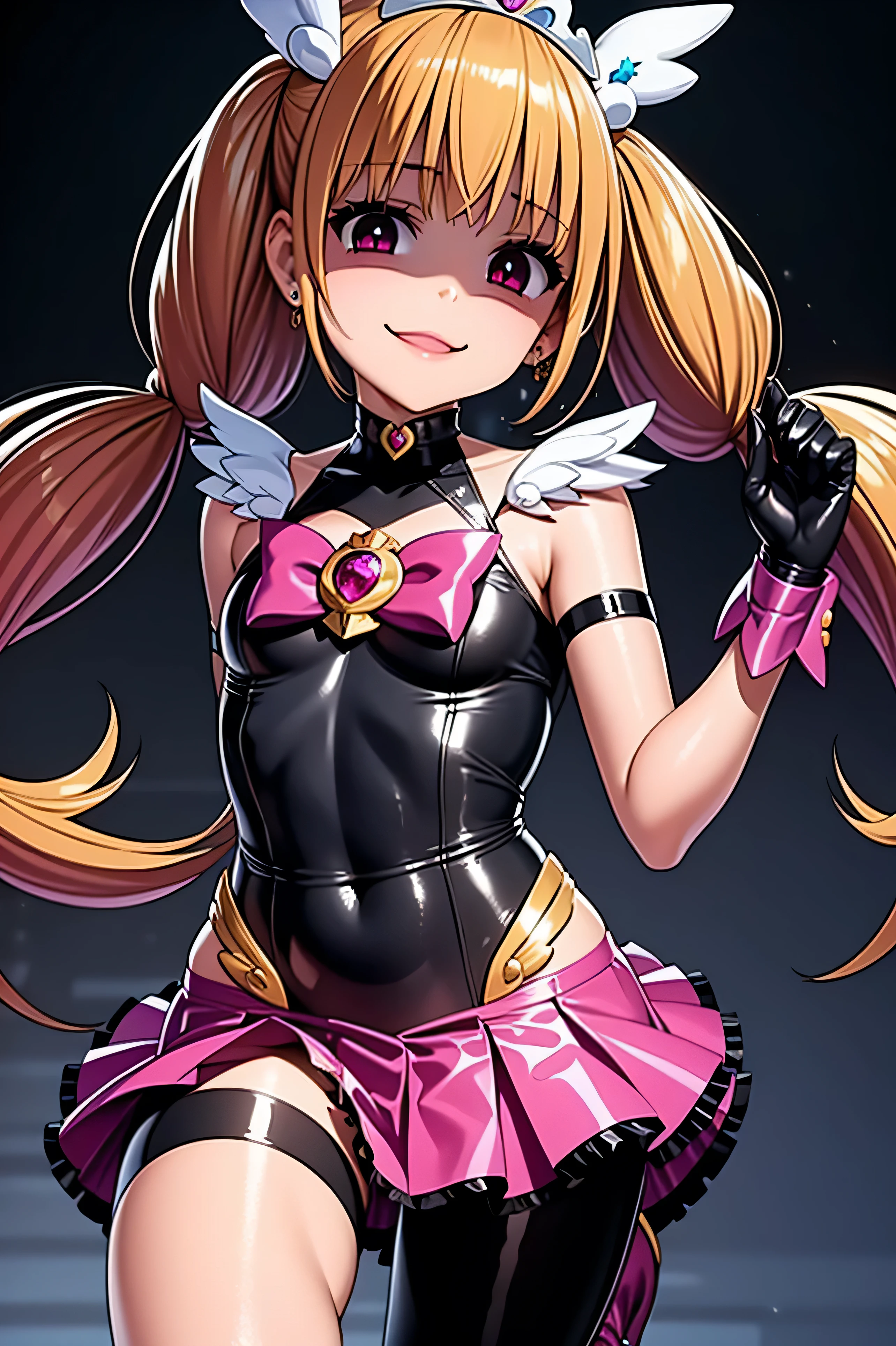 Cure happiness, Low Twintails, Feather hair ornament, skirt, Tiara, Wrist cuffs, Pink shorts, shorts under skirt, boots, corruption, Eyes in the Sky, Half-open eyes, Wicked Smile, There are no students, Crazy Smile, Open your mouth, 1 girl, Mature Woman, Married women, Dark Magical Girl,high quality, Very detailed, Perfect Face, Bad End Precure, Blonde twin tails, ((Black ruffled bodysuit)), (Red frills), black winged headband, A seductive smile, Shiny latex