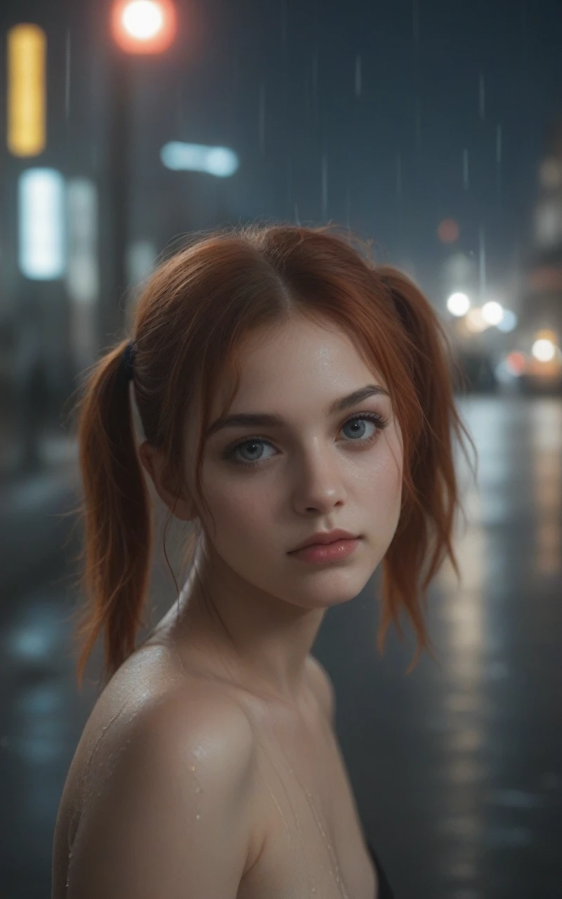 30 year old woman,black shirt,ginger with bright red hair, style by Dan Winters,RAW photography,film grain,(indistinguishable from reality:1.4),photo taken with a Bolex H16, Thorough,analog style,eye focus,highest quality,(highly detailed skin),perfect face,skin pores,(bokeh:0.6),sharp focus,dappled lighting,(backlighting:0.7),film grain,photographed on a Sony A7R IV,18mm F/1.7 cine lens,(highly detailed, intricately detailed),8k,HDR,front view,(upper body:0.9), Hyperrealistic art cinematic film still photography in the style of detailed hyperrealism photoshoot, "Streetpunk Sexy" - Visualize a portrait of a young woman on a city street. rainy night,The shot,taken from a distance,captures her (wet body:1.6) and indifferent expression in the midst of the urban night. with body sweat and wetness hinting at the city's humid atmosphere. messy hair,pigtails,candid pose,head tilt,The photo,taken with a Canon EOS 5D Mark III,showcases her natural skin texture,including subtle acne (0.3),in hyperrealistic detail under soft,sharp lighting. The depth of field focuses on her,against a backdrop of soothing,muted colors and high contrast,creating a dark,yet gorgeous (1.2) and immersive night scene.