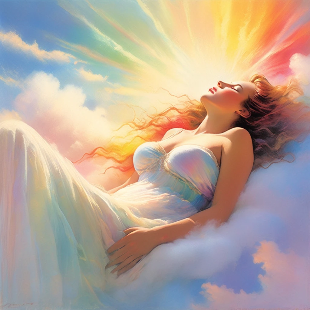A stunning, nude woman, composed of a dazzling array of rainbow hues, reclines gracefully at the end of a radiant rainbow amidst the fluffy clouds in the sky. Bathed in dynamic and enchanting lighting, accentuates her vibrant, full-bodied form. Fantasy art. Masterpiece 