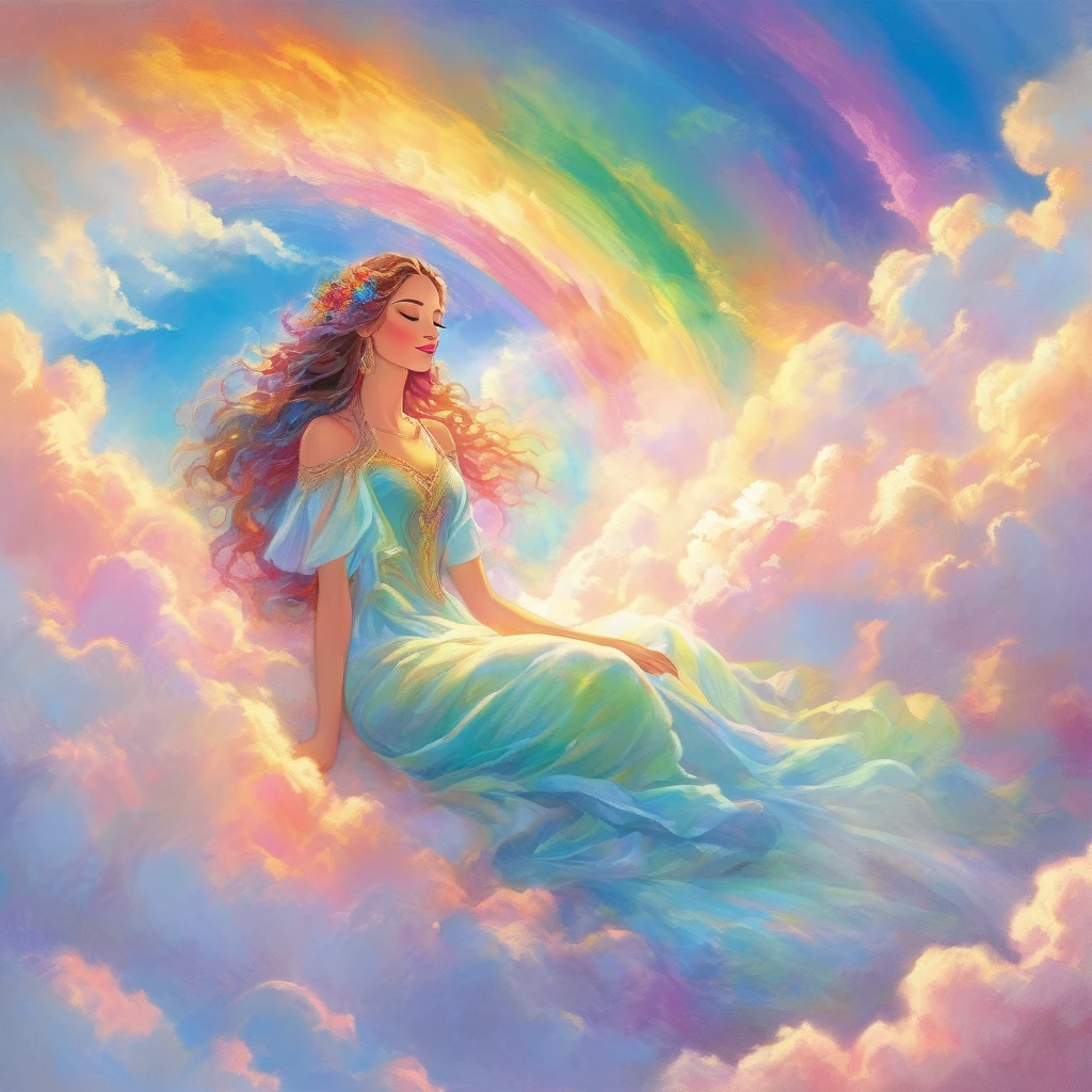 A stunningly ethereal woman, composed of a dazzling array of rainbow hues, reclines gracefully at the end of a radiant rainbow amidst the fluffy clouds in the sky. Bathed in dynamic and enchanting lighting, accentuates her vibrant, full-bodied form. Fantasy art. Masterpiece 