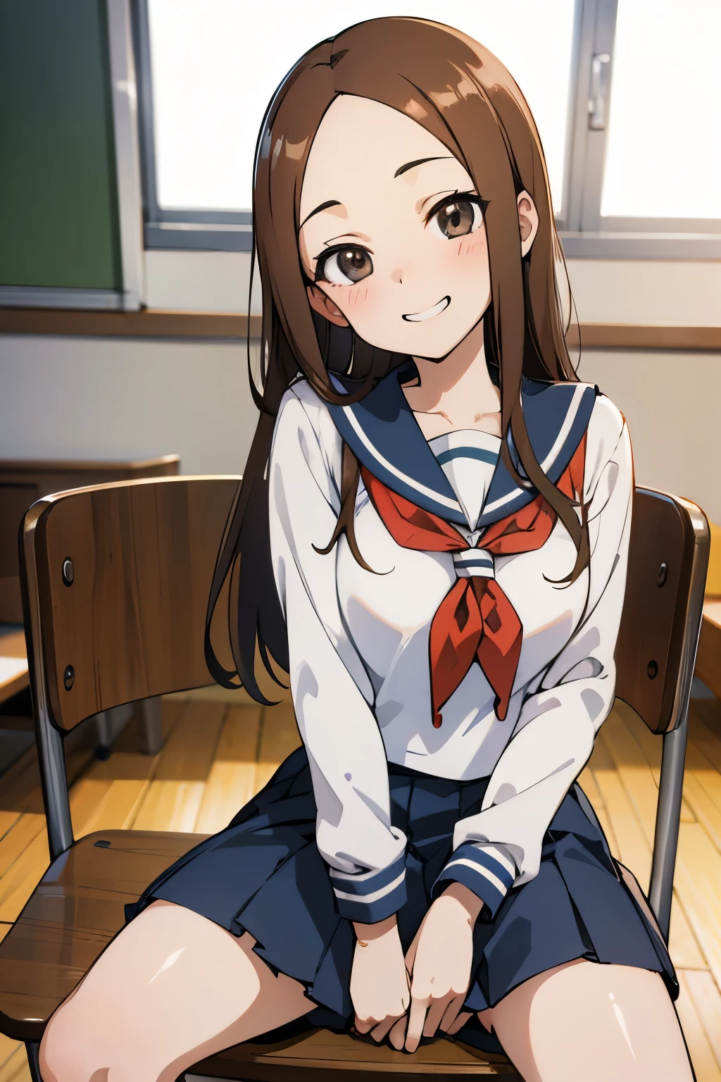 (masterpiece),(best quality:1.4),ultra-detailed,high detailed,high resolution,illustratio,Explicit,Beautiful body,Beautiful Nose,Beautiful character design,perfect eyes,perfect face,wallpaper,ultra highres,4K,photography,(Beautiful  breasts:1.2),(beautiful face:1.2),(beautiful legs, perfect legs),shiny skin,anime screencap,anime style,BREAK,aatakagi, long hair, sailor collar, red neckerchief, sailor shirt, white shirt, long sleeves, miniskirt, blue skirt,socks,BREAK,blush,grin,classroom,sitting chair,spread legs wide