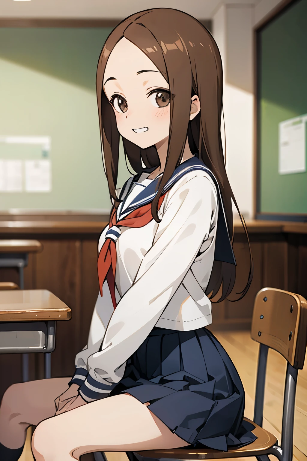 (masterpiece),(best quality:1.4),ultra-detailed,high detailed,high resolution,illustratio,Explicit,Beautiful body,Beautiful Nose,Beautiful character design,perfect eyes,perfect face,wallpaper,ultra highres,4K,photography,(Beautiful breasts:1.2),(beautiful face:1.2),(beautiful legs, perfect legs),shiny skin,anime screencap,anime style,BREAK,aatakagi, long hair, sailor collar, red neckerchief, sailor shirt, white shirt, long sleeves, miniskirt, blue skirt,socks,BREAK,blush,grin,classroom,sitting chair,side view,cowboy shot,spread legs wide
