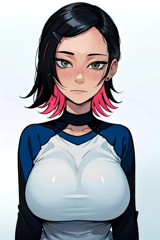 (Masterpiece, best quality), 1 girl, (solo), beautiful face, gwendolyn_Tennyson, black hair, medium shot, upper body, detailed face, long sleeves, Raglan manga, ,Multicoloured shirt, big tits