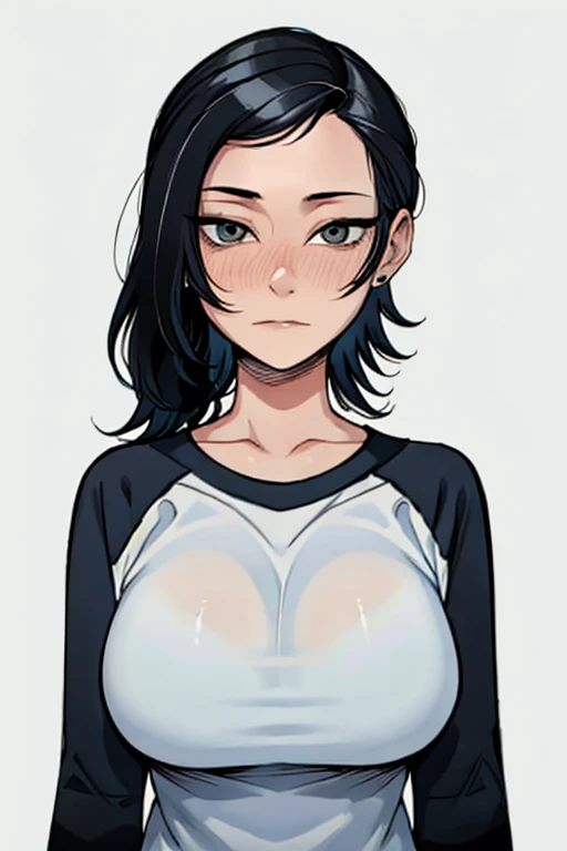 (Masterpiece, best quality), 1 girl, (solo), beautiful face, gwendolyn_Tennyson, black hair, medium shot, upper body, detailed face, long sleeves, Raglan manga, ,Multicoloured shirt, big tits