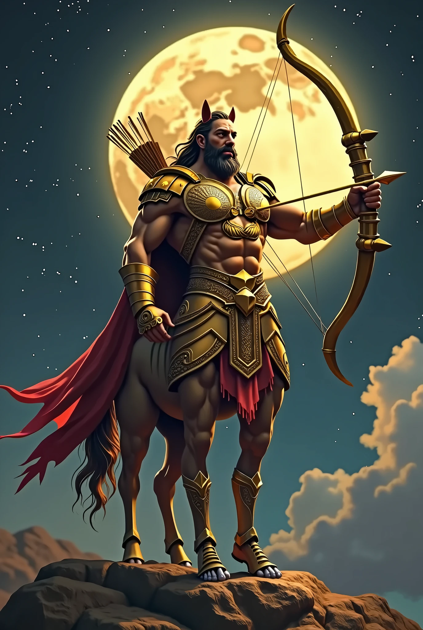 (photorealistic, masterpiece, detailed face, best quality, highres, 4k), Fantasy art style, A striking depiction of Aries the fiery ram featuring a ruggedly handsome male model with piercing eyes and a fierce aura, full body, posing nude with a large penis. Personification of the Aries zodiac sign, helmet of ram horns on head, set against a backdrop of dynamic flames and mountains and celestial elements