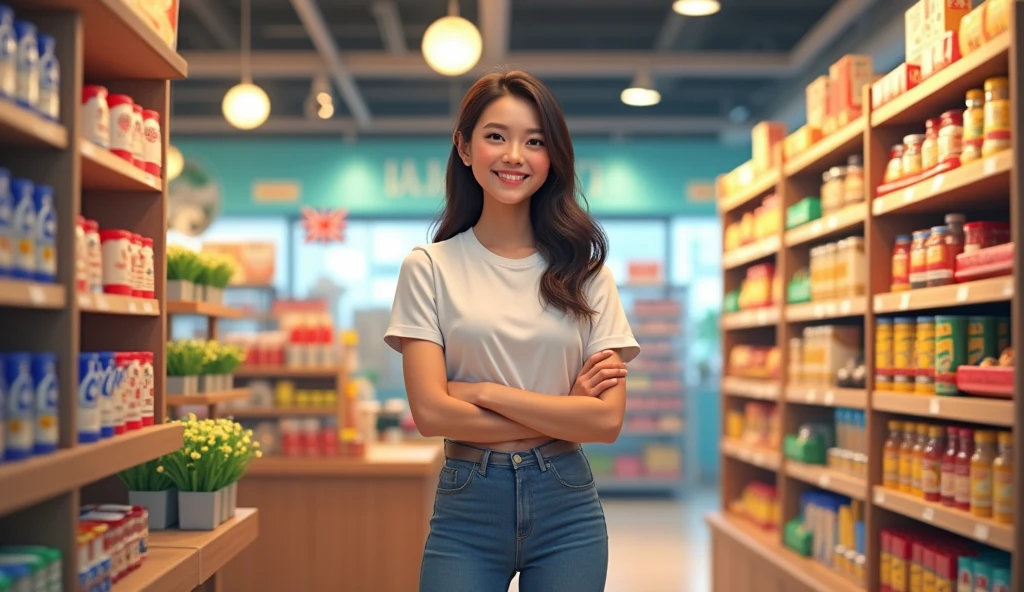 Sales Context:Sales Items: In the background or next to the hand, include elements associated with sales, like a small product table, growth charts, or even a shopping bag with a smile, suggesting customer satisfaction.colors: Use warm and welcoming colors, like light blue hues, green and beige, to create a friendly and inviting atmosphere.