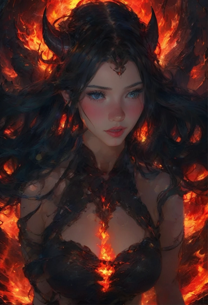 A captivating 3D render of a seductive lava demon naked in the style of dark anime fantasy. Devil horns. The demon, with a voluptuous, slim, and busty figure, emerges from the depths of the infernal realm, her skin glowing a fiery red. Her attractive features and perfect body exude a dangerous allure, drawing the viewer in. The background showcases a desolate and haunting landscape with lava and rock formations, providing an eerie contrast to the demon's beauty. The overall atmosphere is a blend of dark fantasy and seductive allure., illustration, anime, 3d render, dark fantasy