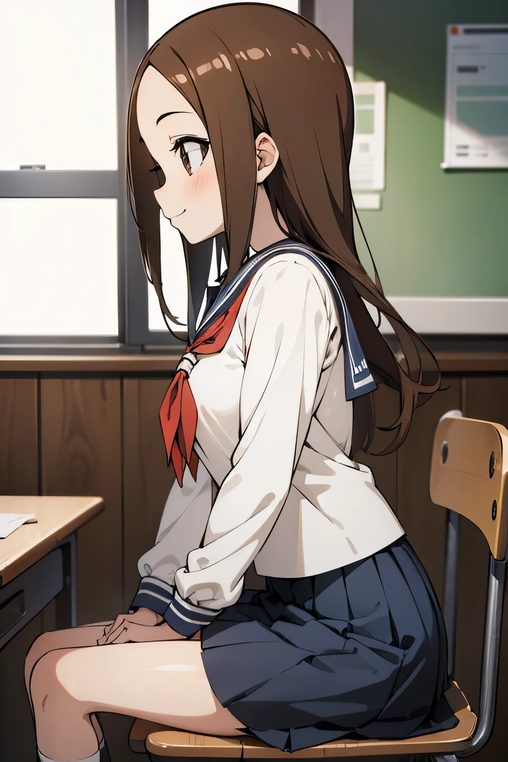 (masterpiece),(best quality:1.4),ultra-detailed,high detailed,high resolution,illustratio,Explicit,Beautiful body,Beautiful Nose,Beautiful character design,perfect eyes,perfect face,wallpaper,ultra highres,4K,photography,(Beautiful breasts:1.2),(beautiful face:1.2),(beautiful legs, perfect legs),shiny skin,anime screencap,anime style,BREAK,aatakagi, long hair, sailor collar, red neckerchief, sailor shirt, white shirt, long sleeves, miniskirt, blue skirt,socks,pantis cameltoe,BREAK,blush,grin,classroom,sitting chair,(side view,:1.4)cowboy shot,arm on desk,spread legs wide,(((lift skirt,show pantis)))