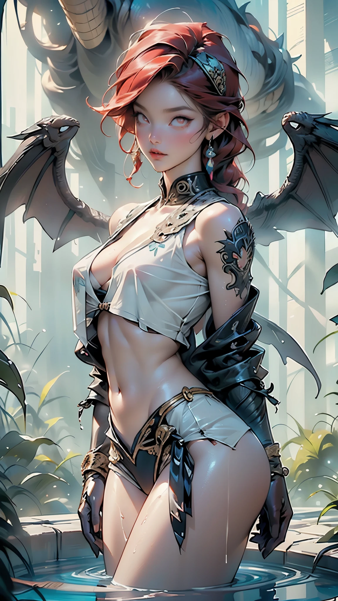 masterpiece, best quality, realistic, a demon girl, long red hair, corset horns, black wings, cat eyes, dark environment
