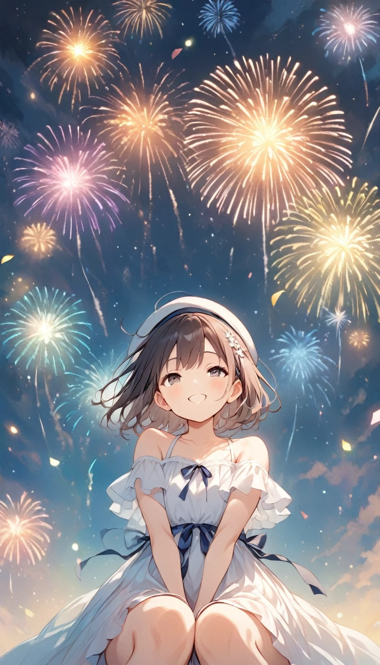 Vector art、Summer night sky、Fireworks shining in the sky、Narrowed eyes and happy expression、Girl standing sideways、Looking up、Looking to the left and looking at me。cheek、Wearing a beret、She is wearing a white dress with bare shoulders.、Bob with a Falling Front、Dark Ash Hairstyle、Sideburns are long enough to reach the shoulders、。The number of fingers is correct、Plump thighs、Close your legs、One Girl