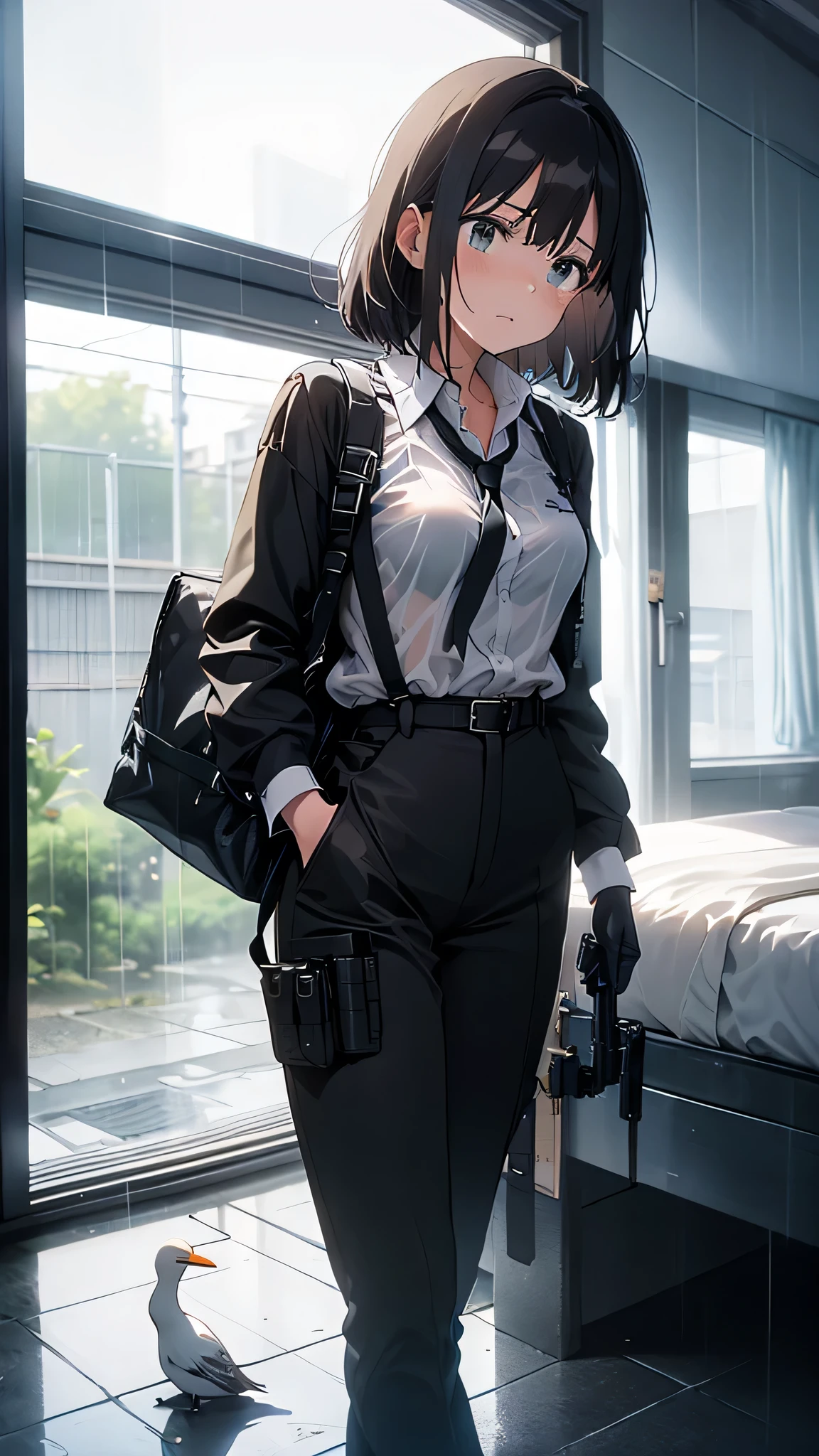 1 female, , high quality, masterpiece, Ultra-high resolution, , Cinema Lighting, , , And the suspenders with the cranes flying Large Breasts Small face holster Lying in bed Looking up Sweat belt summer 脇Sweat Black Hole Gloves suit shirt Black jacket Black trousers Leg Links ズボンにbelt holster Hands behind your back Anxious expression Looking up Anxious face, legs apart Armament Handgun handcuffs Cable ties レッグholster holster See-through clothing heavy rain Getting wet in the rain