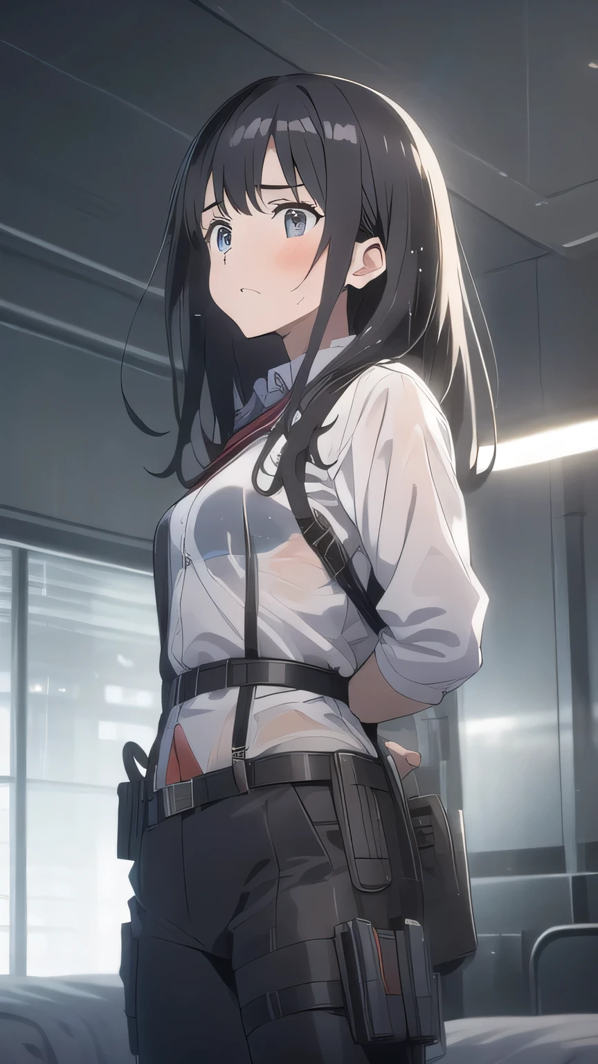 1 female, , high quality, masterpiece, Ultra-high resolution, , Cinema Lighting, , , And the suspenders with the cranes flying　　　Large Breasts　 　 　　　　Small face　 　　　holster　　　　　　　 Lying in bed　Looking up　　　　Sweat 　　　belt　summer　脇Sweat 　Black Hole Gloves　suit　shirt　　Black jacket　 Black trousers　Leg Links　ズボンにbelt　　holster　 　　Hands behind your back　 Anxious expression　Looking up　Anxious face, legs apart　Armament　Handgun　handcuffs　Cable ties　レッグholster　holster　See-through clothing　heavy rain　Getting wet in the rain
