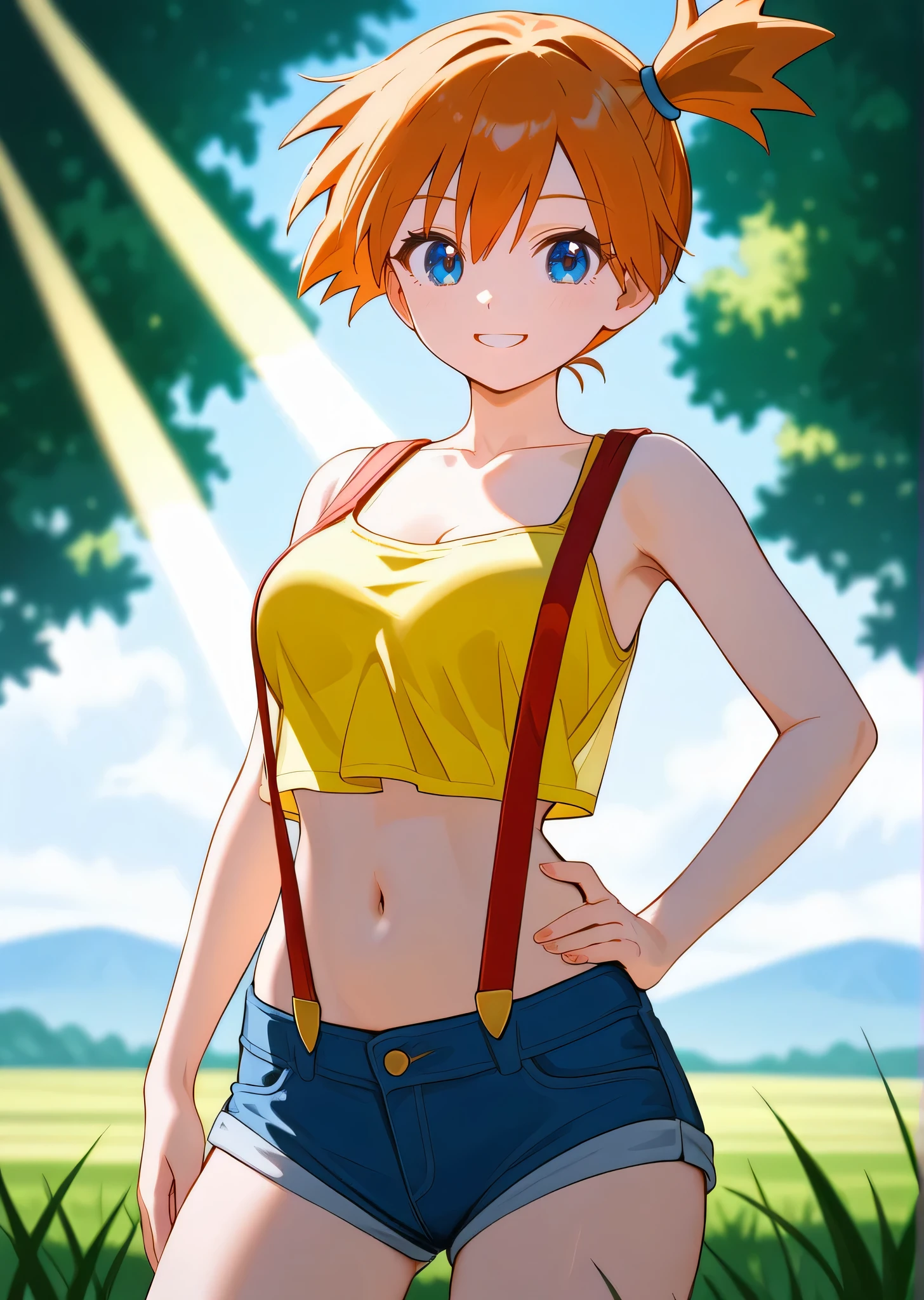 [Misty_(Pokemon)], ((masterpiece)), ((HD)), ((high res)), ((cute anime aesthetic)), ((detailed shading)), ((solo portrait)), ((waist up)), ((front view)), {(athletic figure), (short orange hair), (side polytail), (cute blue eyes), (short eyelashes), (curvy hips), (beautiful toned legs), (cute smile)}, {(yellow tank top), (navel), (blue denim short shorts), (red suspenders)}, {(standing), (hand on hip), (looking at viewer)}, [ambient lighting, grass plains, sun rays]