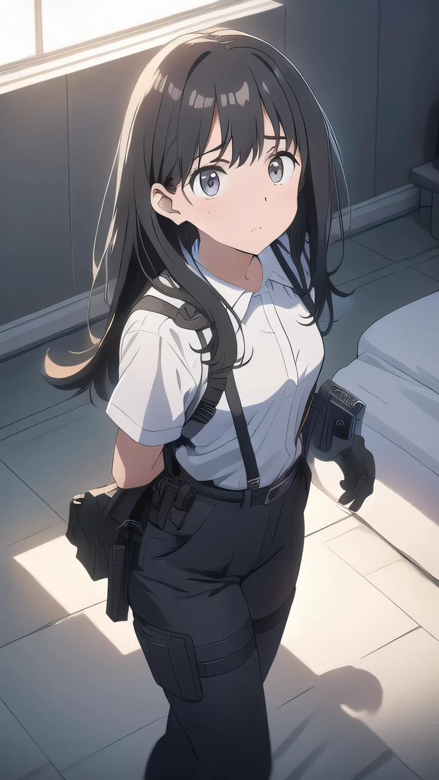 1 female, , high quality, masterpiece, Ultra-high resolution, , Cinema Lighting, , , And the suspenders with the cranes flying　　　Large Breasts　 　 　　　　Small face　 　　　holster　　　　　　　 Lying in bed　Looking up　　　　Sweat 　　　belt　summer　脇Sweat 　Black Hole Gloves　suit　shirt　　Black jacket　 Black trousers　Leg Links　ズボンにbelt　　holster　 　　Hands behind your back　 Anxious expression　Looking up　Anxious face, legs apart　Armament　Handgun　handcuffs　Cable ties　レッグholster　holster　See-through clothing　heavy rain　Getting wet in the rain
