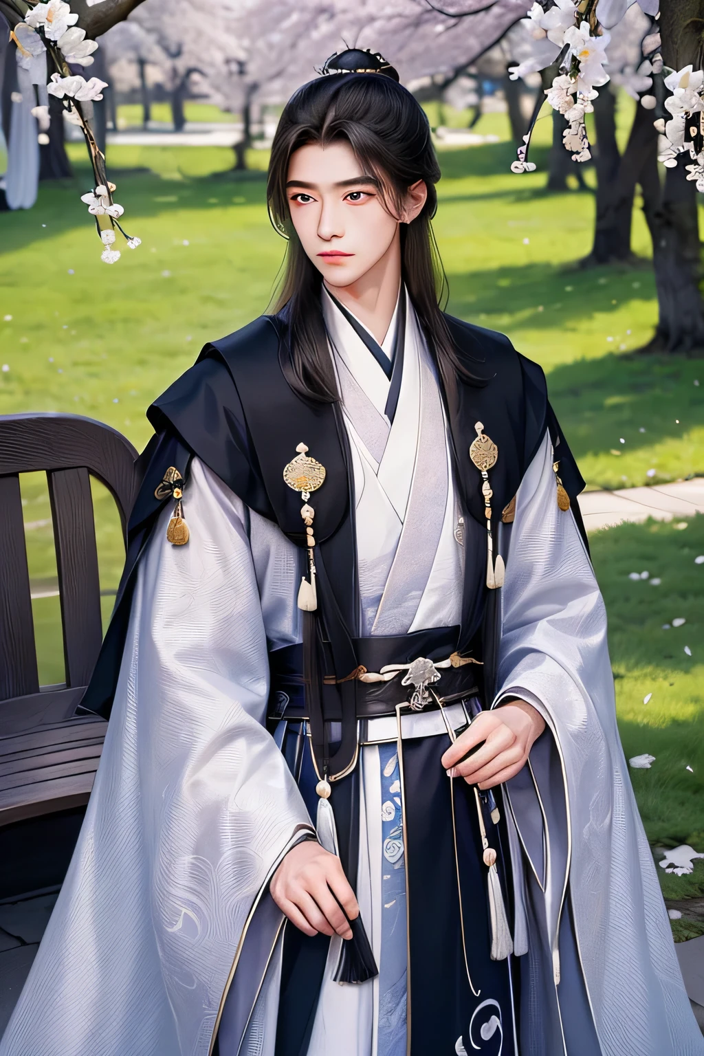 (Best quality,A high resolution,The image is clear:1.2),Ultra detailed backgrounds,Beautiful man standing holding sword，mesmerizing eyes，wind blowing through，Chinese style clothes,White robe，Large white mink collar cape（white  clothes：1.5），Garden scene,under moonlight,Asian architecture，Ancient wind，waterfall man，Romantic atmosphere,，Dutch Angle Shot,gentlesoftlighting,portrait of upper body，Noble prince，Have a keen royal eye，hair adornments，Imagine a serene spring scene inspired by the poem "Two poems from Yongyan" by Gu Yun. The poet, a middle-aged man with a gentle demeanor, is dressed in a flowing, light-colored silk robe that gently flutters in the breeze. His robe features delicate patterns of intertwining willow branches, echoing the theme of the poem. He has slightly long, unkempt hair tied back with a simple ribbon, and his face shows a contemplative expression, with soft, reflective eyes that gaze at the swaying willow branches.

The setting is a picturesque riverside, with lush green willows hanging low, their tender leaves glistening with morning dew. A gentle breeze rustles the branches, causing them to dance lightly in the sunlight. Nearby, a small wooden table is adorned with a delicate tea set, and scattered cherry blossoms float in the air, adding to the tranquil atmosphere.

The poet is seated on a stone bench, his hand resting on his chin, as he absorbs the beauty of nature around him, reflecting on the passage of time and the fleeting nature of life. The overall mood is peaceful and introspective, embodying the spirit of spring and the poetic inspiration drawn from it.






