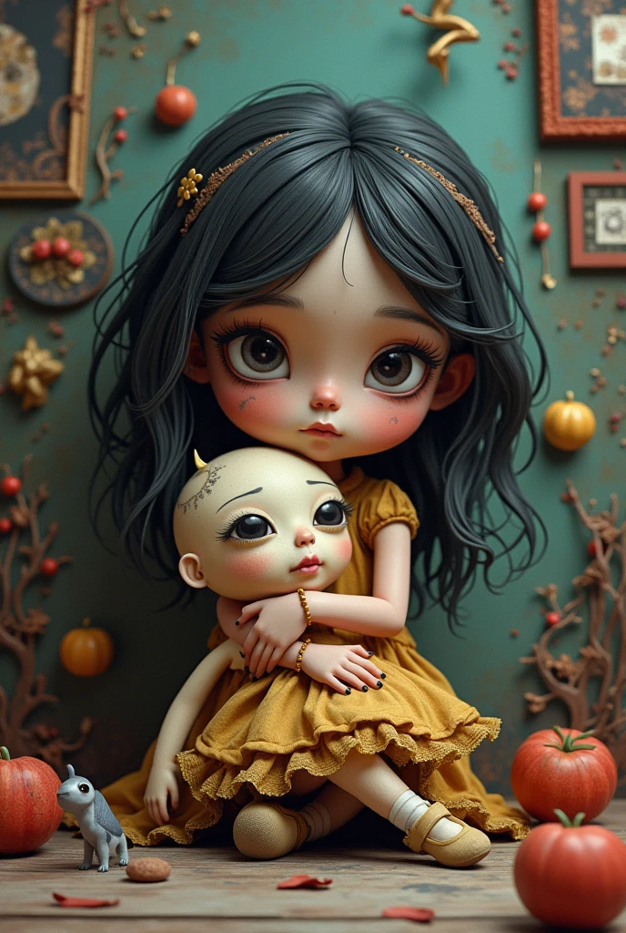 Painting of a girl with deer antlers on her head, Estilo Mark Ryden, Mark Ryden muy detallado, Estilo de Mark Ryden, Naoto Hattori, Surrealismo pop lowbrow, Mark Ryden en el estilo de, benjamin lacombe, Earley, Surrealismo pop Lowbrow Art Style, Arte lowbrow, por Mark Ryden, cute and beautiful, with puppet on their hands, cute, playing the puppet on their hands, cute, with eye bags, modern dress, painting, lowbrow chibi, sack puppet dog,