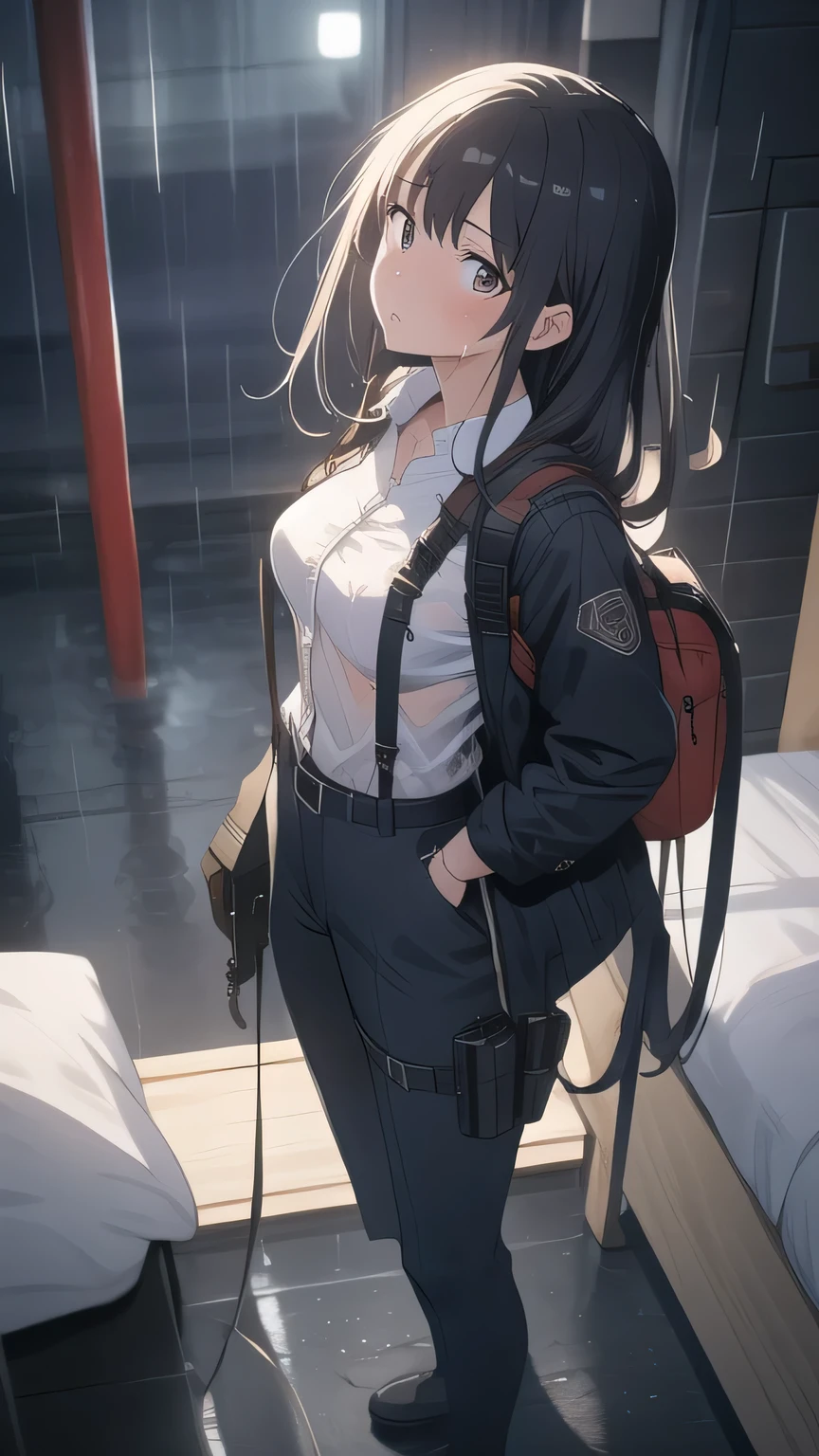 1 female, , high quality, masterpiece, Ultra-high resolution, , Cinema Lighting, , , And the suspenders with the cranes flying Large Breasts Small face holster Lying in bed Looking up Sweat belt summer 脇Sweat Black Hole Gloves suit shirt Black jacket Black trousers Leg Links ズボンにbelt holster Hands behind your back Anxious expression Looking up Anxious face, legs apart Armament Handgun handcuffs Cable ties レッグholster holster See-through clothing heavy rain Getting wet in the rain