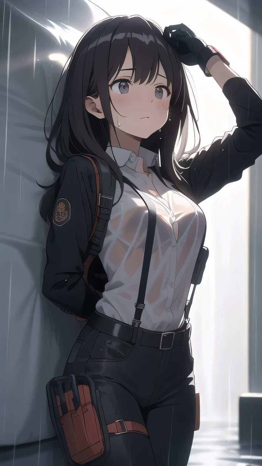 1 female, , high quality, masterpiece, Ultra-high resolution, , Cinema Lighting, , , And the suspenders with the cranes flying Large Breasts Small face holster Lying in bed Looking up Sweat belt summer 脇Sweat Black Hole Gloves suit shirt Black jacket Black trousers Leg Links ズボンにbelt holster Hands behind your back Anxious expression Looking up Anxious face, legs apart Armament Handgun handcuffs Cable ties レッグholster holster See-through clothing heavy rain Getting wet in the rain