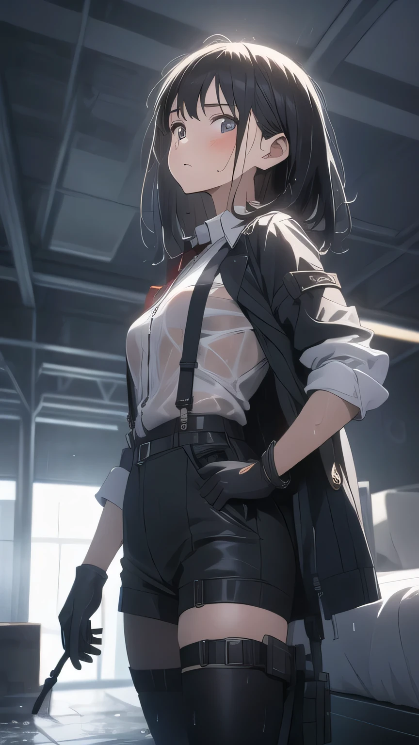 1 female, , high quality, masterpiece, Ultra-high resolution, , Cinema Lighting, , , And the suspenders with the cranes flying Large Breasts Small face holster Lying in bed Looking up Sweat belt summer 脇Sweat Black Hole Gloves suit shirt Black jacket Black trousers Leg Links ズボンにbelt holster Hands behind your back Anxious expression Looking up Anxious face, legs apart Armament Handgun handcuffs Cable ties レッグholster holster See-through clothing heavy rain Getting wet in the rain