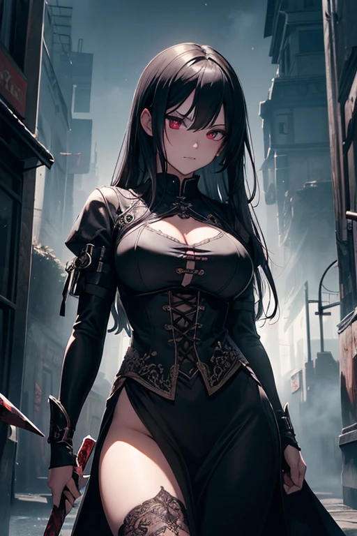 (masterpiece,best quality,ultra-detailed),1girl,messy hairstyle,mane,thick hair,long bob cut, multicolored hair,blue and red and yellow hair,aesthetic hairstyle,pointy ears,beautiful and detailed face, detailed eyes, goth fashion,night,fog,looking at viewer,huge chest,((grey theme)),((gothic theme)), huge tits, f cup breasts, wide hips, narrow waist, huge ass, tattos, tribal tattoos, piercings, nipple piercings, thick, goth mommy,