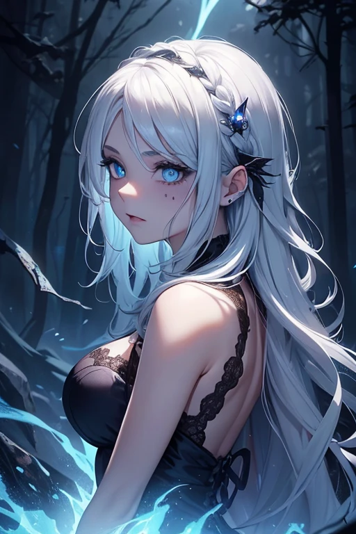 (best quality,4k,8k,highres,masterpiece:1.2),ultra-detailed,(realistic,photorealistic,photo-realistic:1.37) miqo'te, y'shtola from final fantasy xiv, rpg, fantasy, black mage dress and staff, xiv, silver hair, sexy and seductive, detailed facial features, teal eyes, no human ears, cat ears only, sky of pure light, rays of light in the background, forest, enchanted forest, apocalypse, rays of light from the sky, mid-shot, close up shot of facial features
